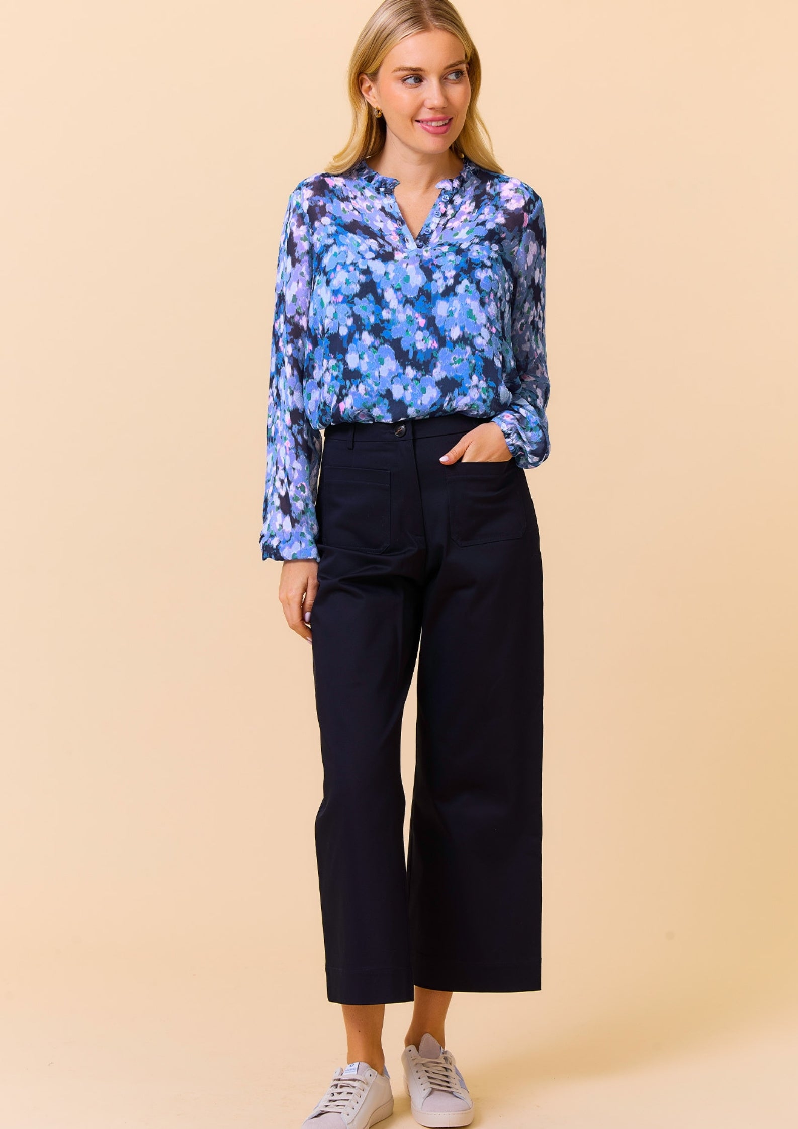 Noelle Blouse - Women's Floral Print Long Sleeve Shirt in Blue & Pink | Casual Office Wear & Spring Outfits