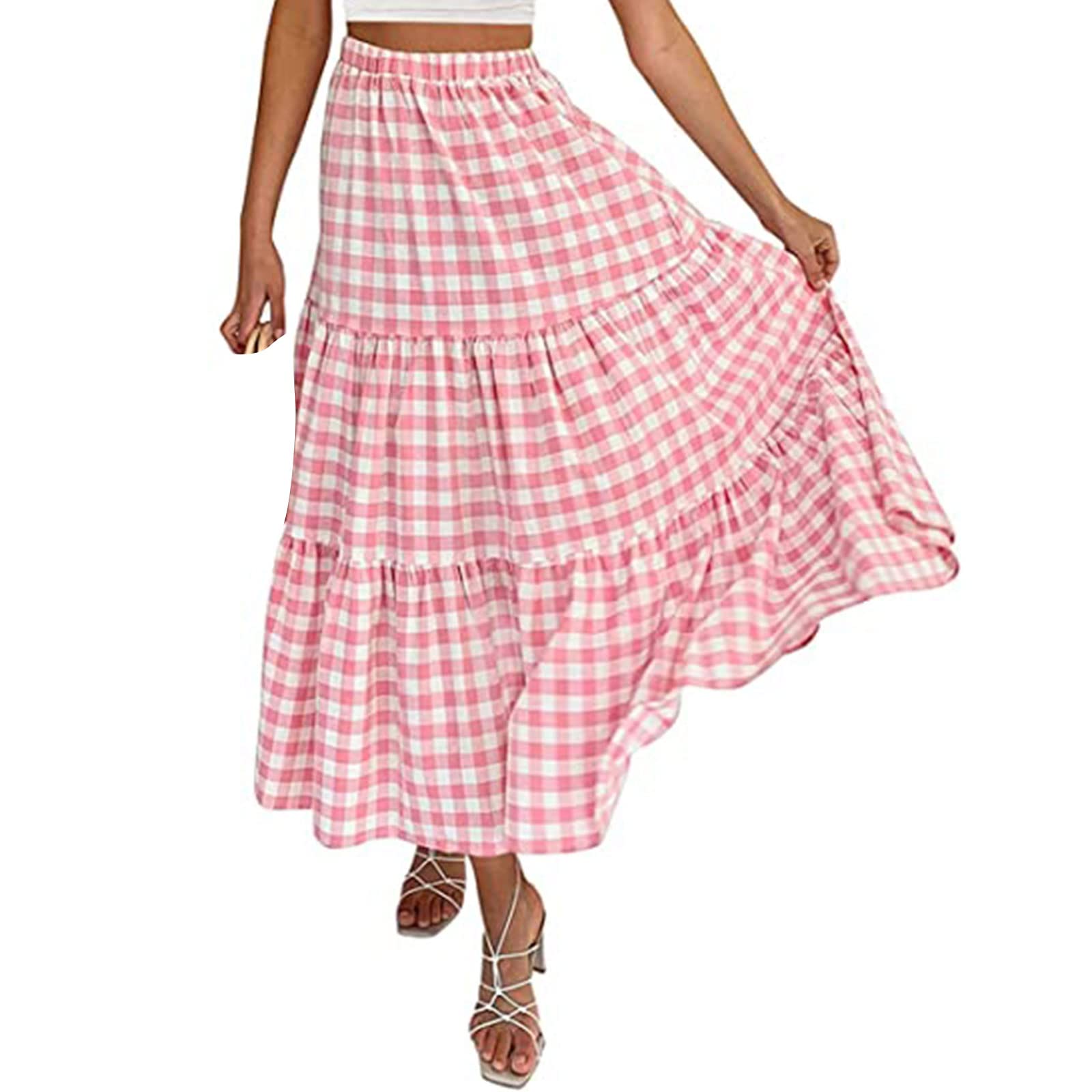 Gupgi Women's Summer Casual Boho Elastic High Waist Solid Color Pleated A-Line Swing Maxi Skirt with Pockets - Perfect for Beach Vacations, Music Festivals & Boho Chic Outfits