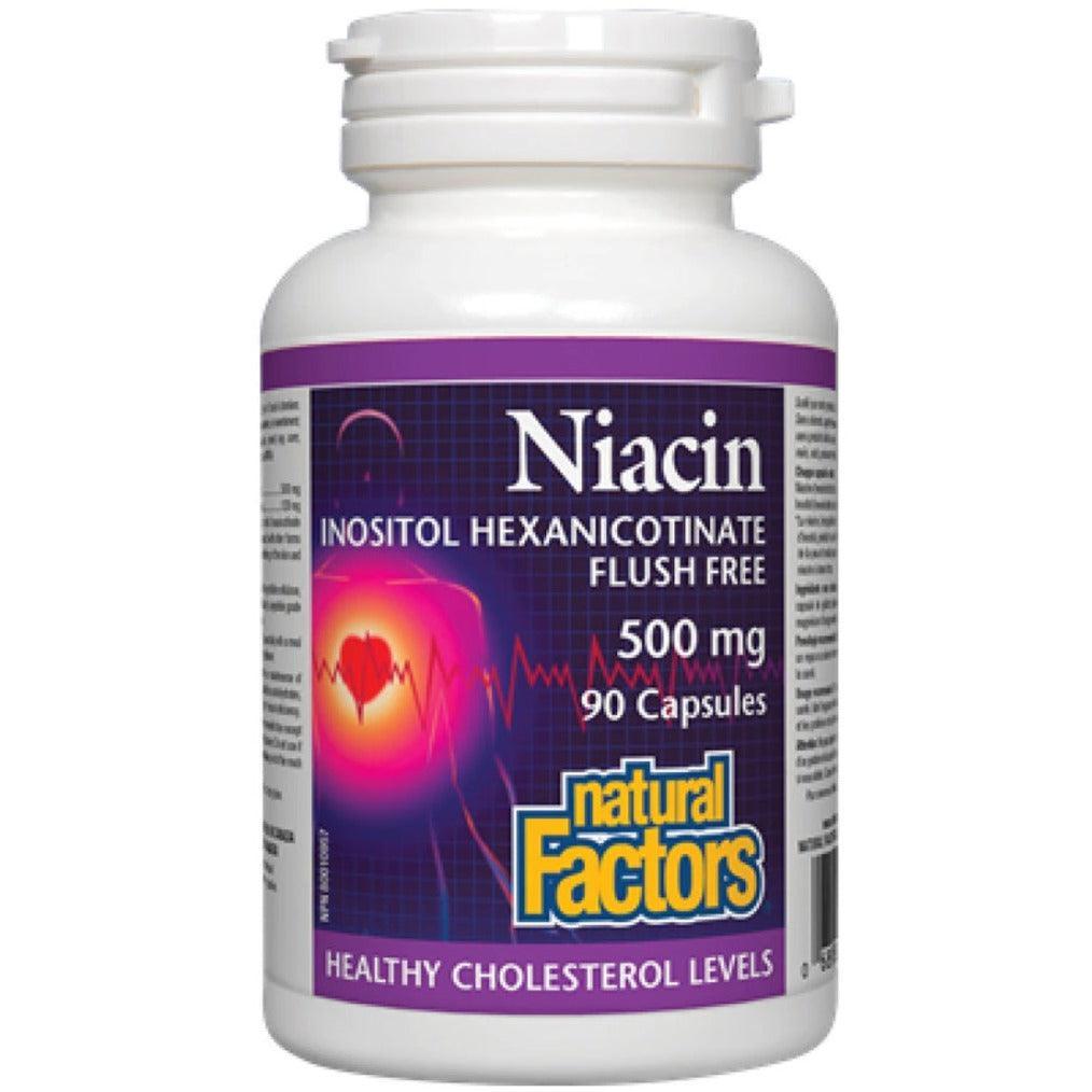 Natural Factors No Flushing Niacin 500MG - 90 Capsules for Heart Health & Cholesterol Support - Vegan Non-GMO Supplement for Daily Wellness