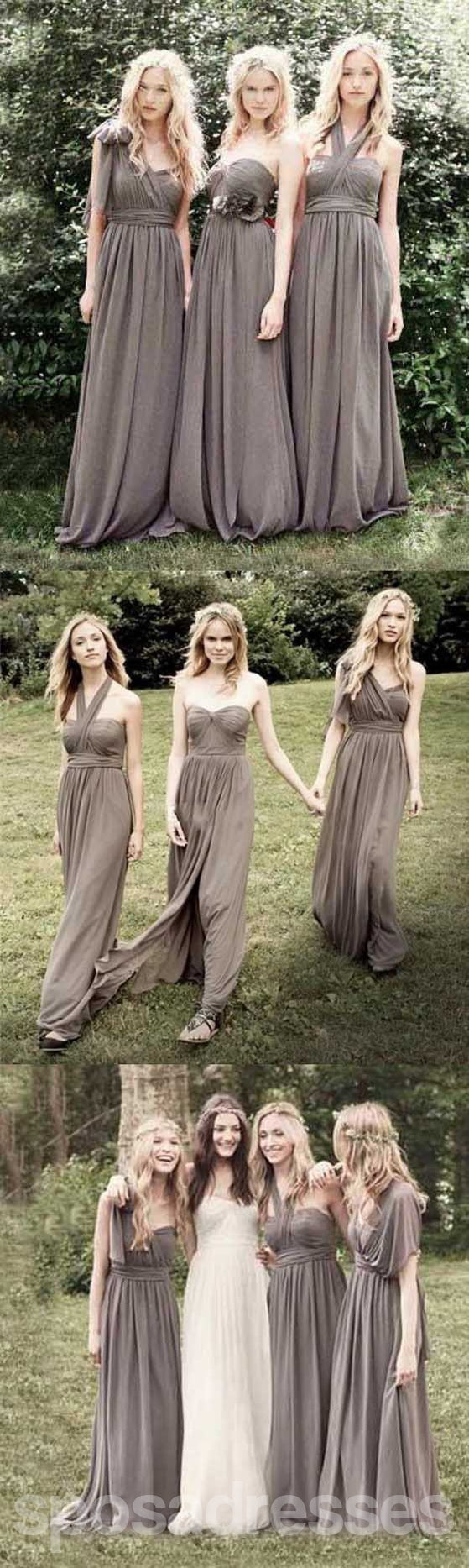 Junior Convertible Chiffon Gray A-Line Long Bridesmaid Dresses for Wedding Party - WG111 | Elegant & Affordable Formal Gowns for Bridesmaids, Prom, Evening Events