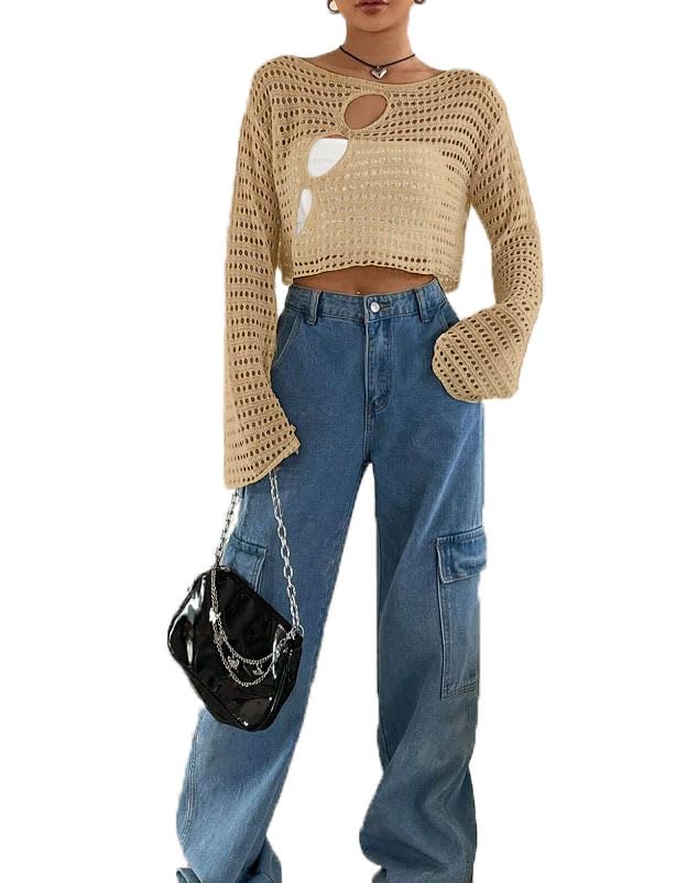 2025 Women's Crochet Knit Hollow Out Sweater - Long Sleeve Summer Cover Up Cropped Top for Beach, Vacation & Casual Outfits