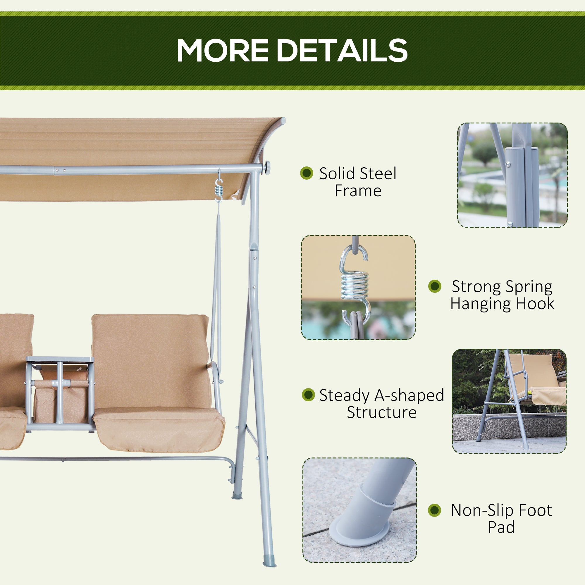 2 Person Porch Swing with Stand - Outdoor Canopy Swing Chair with Pivot Storage Table & 2 Cup Holders - Beige Patio Swing with Cushions for Backyard, Garden, Deck Relaxation