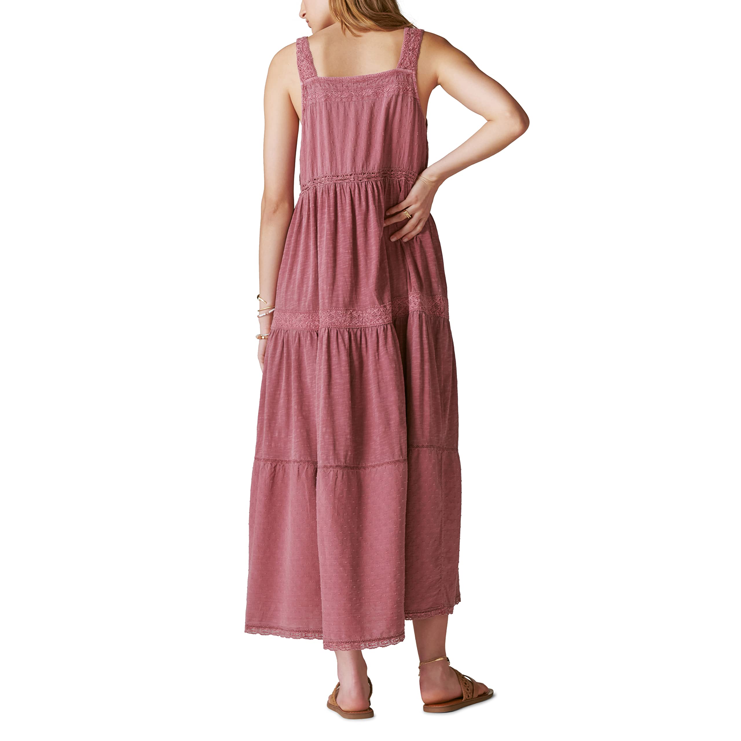 Lucky Brand Women's Lace Tiered Knit Maxi Dress - Elegant Floral Long Dress for Summer, Beach, Wedding & Special Occasions