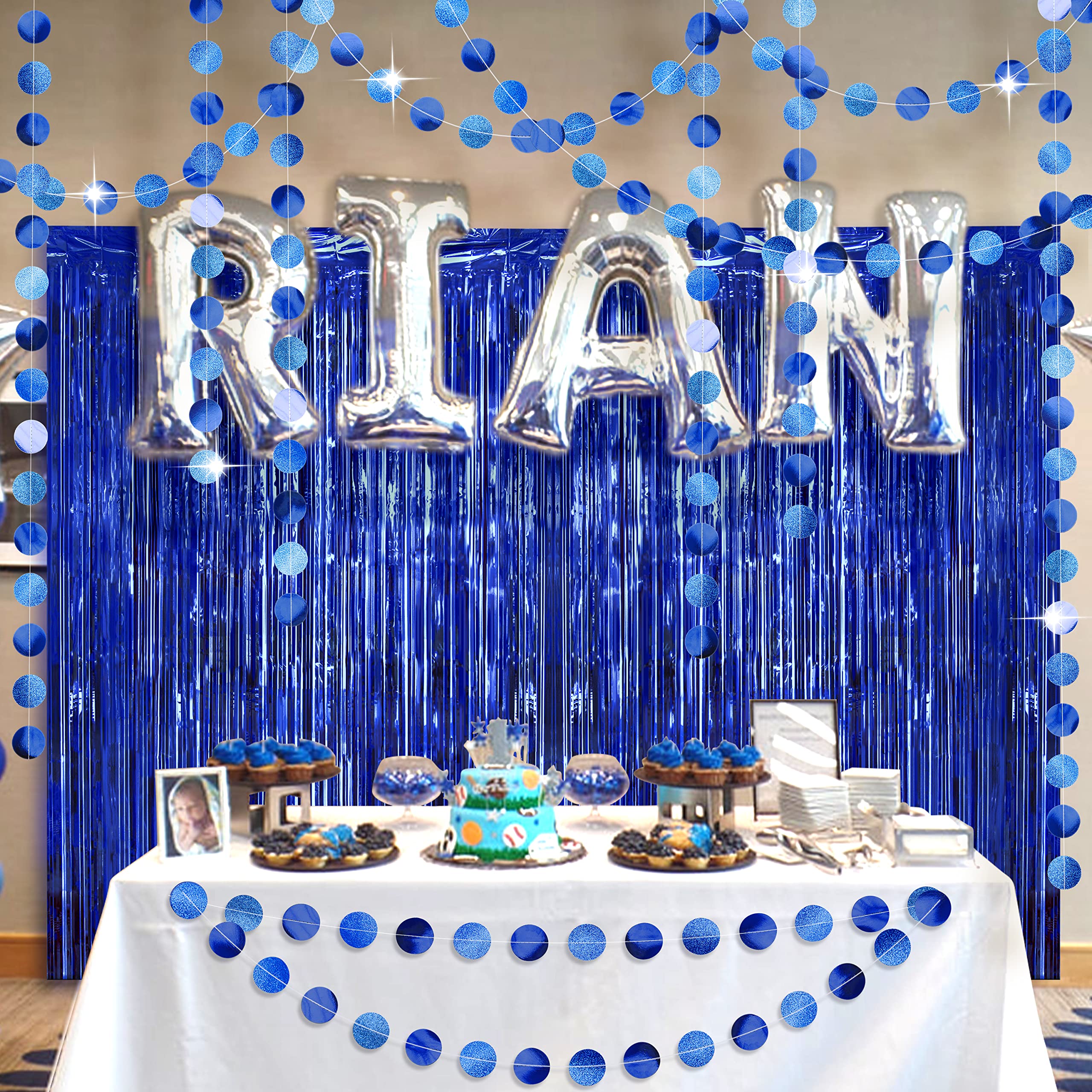 Blue Fringe Curtains & Circle Garlands - Boho Party Decorations for Wedding, Graduation, Bridal Shower, Bachelorette, Ramadan & Birthday | Backdrop Streamers & Banner for Indoor/Outdoor Events