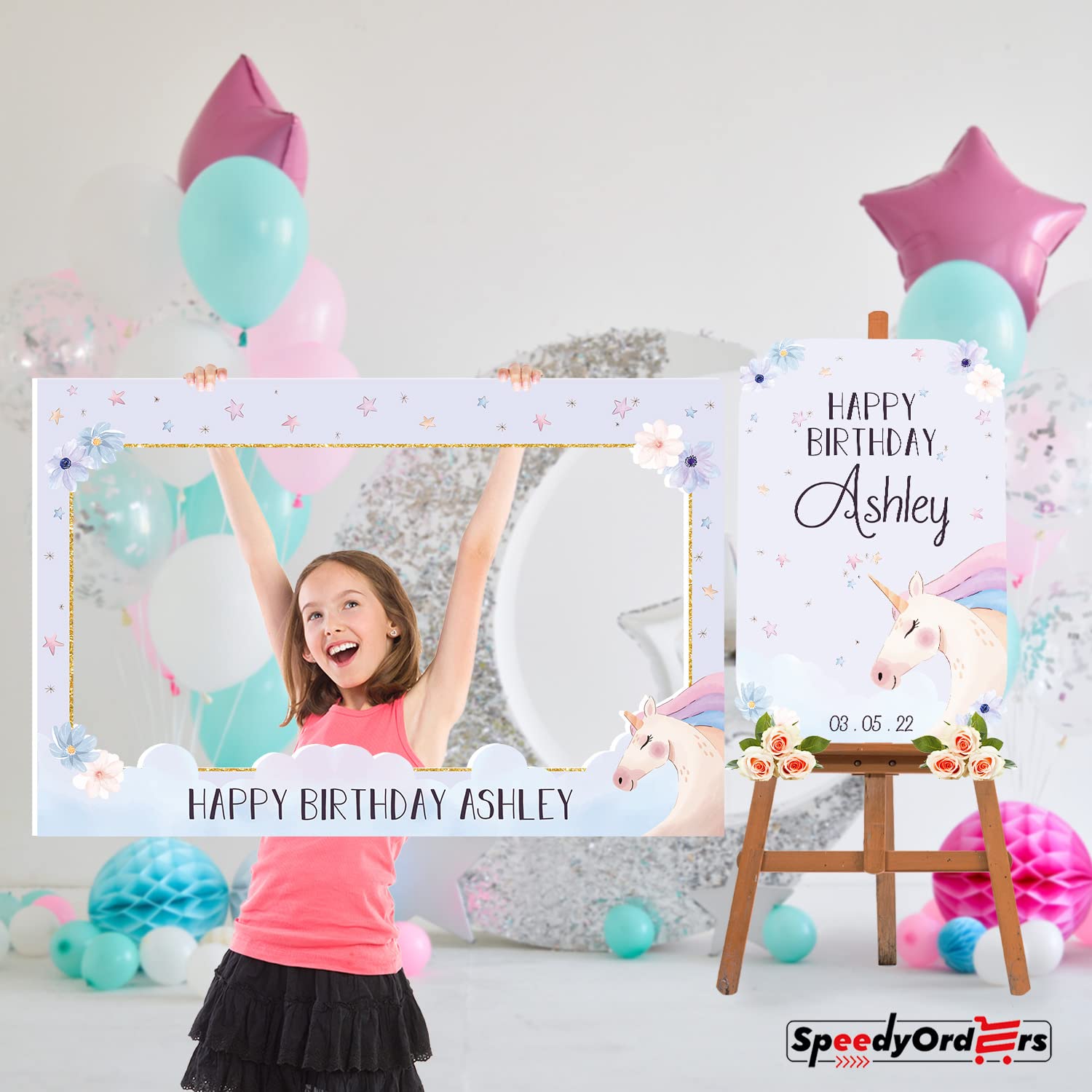 Personalized Unicorn Birthday Party Sign & Photo Booth Frame Set - Custom Unicorn Party Decorations - PVC Board Welcome Sign & Favors for Girls' Birthday, Baby Shower & Theme Parties