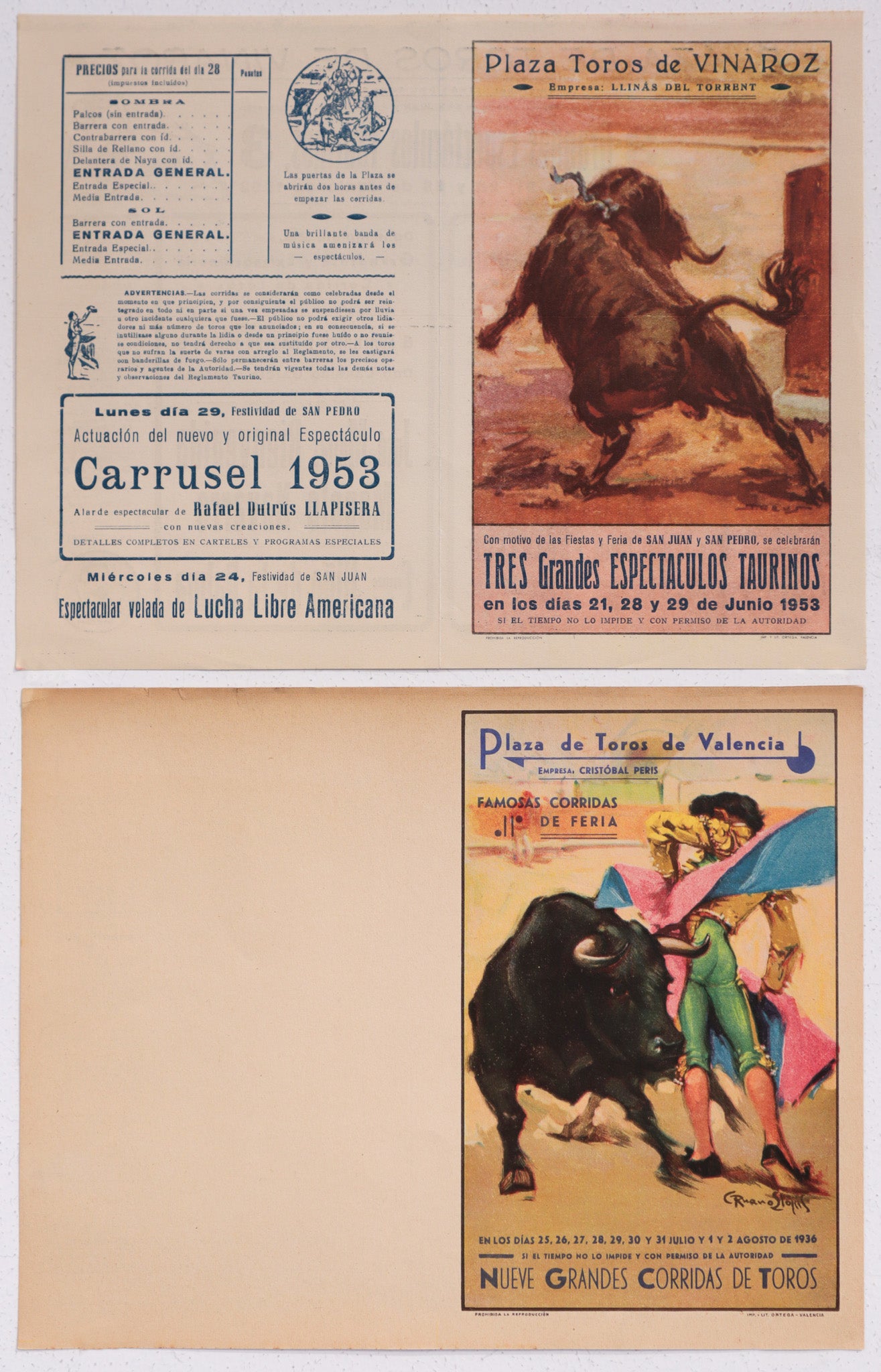 Vintage 1950s Spanish Bullfighting Poster - Plaza de Toro Valencia Art Print Set of 2 - Classic Bull Fight Decor for Home, Bar & Office Wall Art