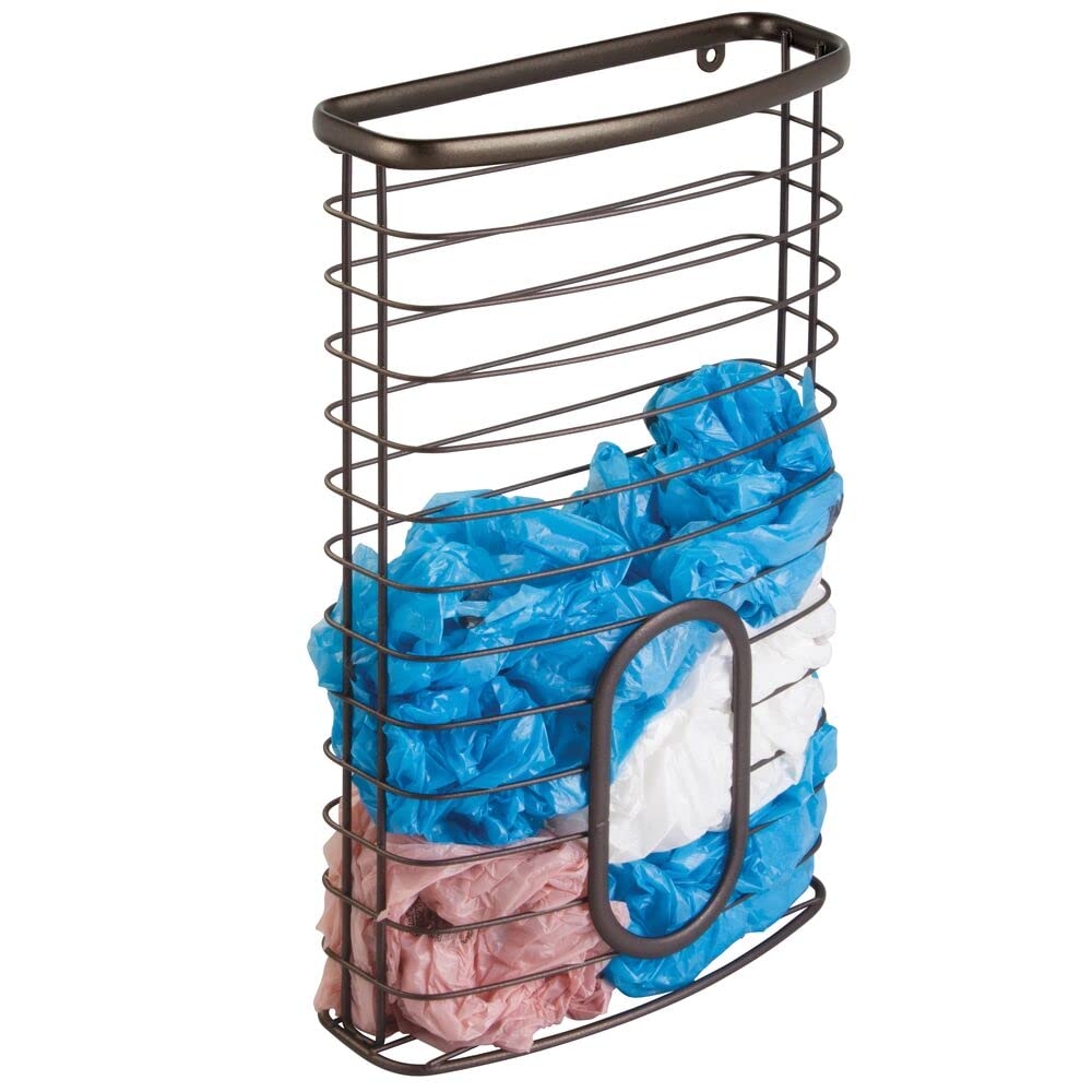 mDesign Metal Wire Wall Mount Kitchen Cabinet Storage Organizer - Space Saving Hanging Basket for Kitchen, Pantry & Utility Closet - Holds 50 Plastic Bags - Bronze Finish | Perfect for Organizing Grocery Bags, Cleaning Supplies & Kitchen Essentials