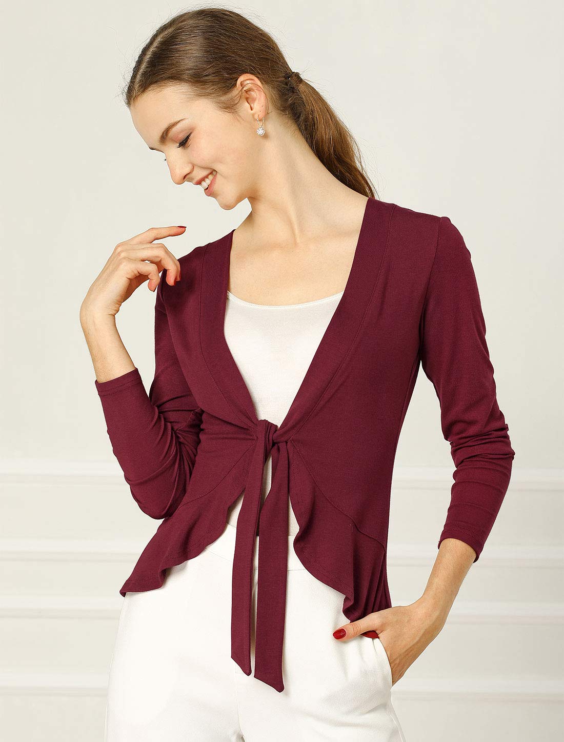 Allegra K Women's Tie Front Knit Cardigan with Ruffle Draped Detail - Elegant Casual Sweater for Office, Date Night & Fall Layering