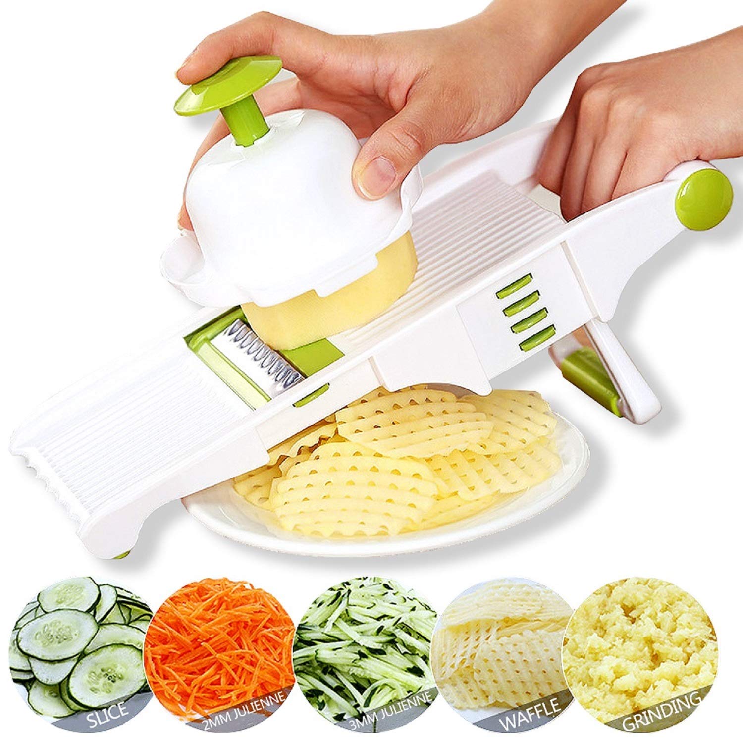 Adjustable Mandoline Slicer for Vegetables & Fruits - Stainless Steel French Fry Cutter, Crinkle Waffle Slicer, Julienne Grater with Garlic Grinder (White) | Perfect for Meal Prep, Salad Making & Healthy Cooking