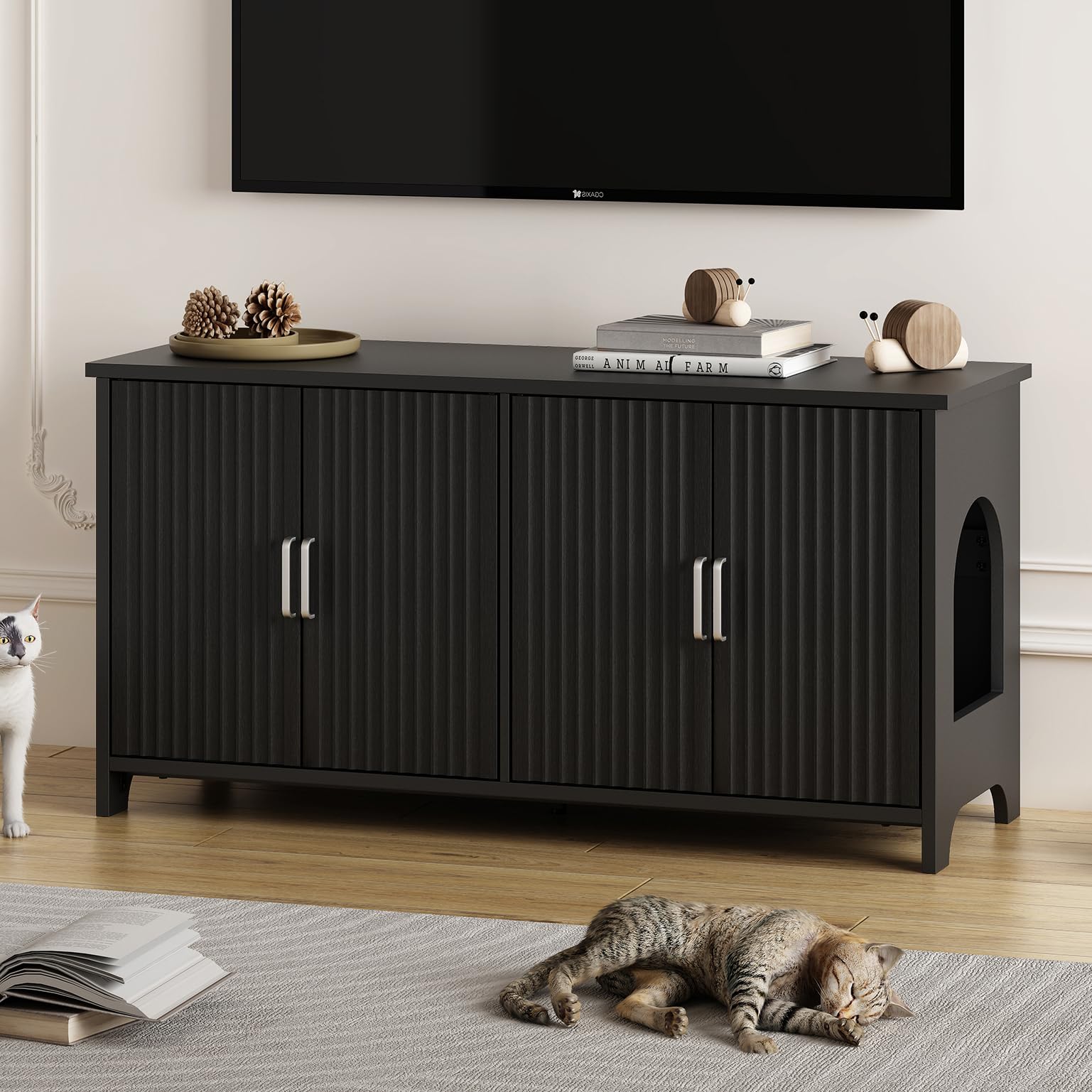 Wooden Cat Litter Box Enclosure for 2 Cats - Hidden Litter Box Furniture with Double Room Design, Indoor Cat House Cabinet for Living Room & Bathroom (Black) | Perfect for Small Spaces & Multi-Cat Homes
