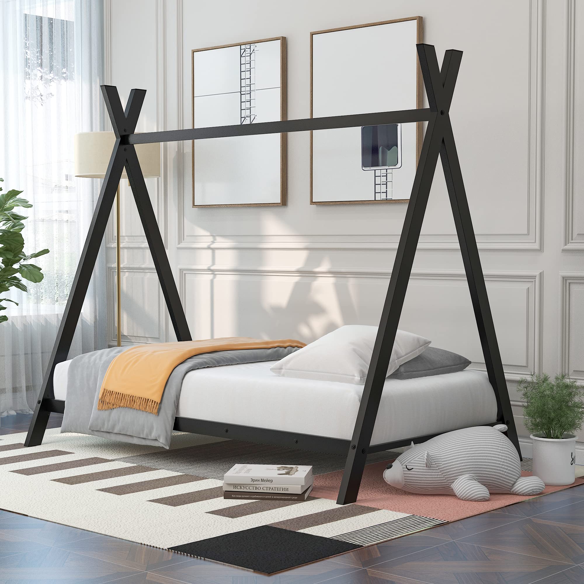 Montessori Twin House Bed for Kids - Metal Floor Playhouse Bed Frame with Slats for Boys & Girls, No Box Spring Needed (Black) - Perfect for Bedroom Playtime, Sleepovers & Imaginative Play