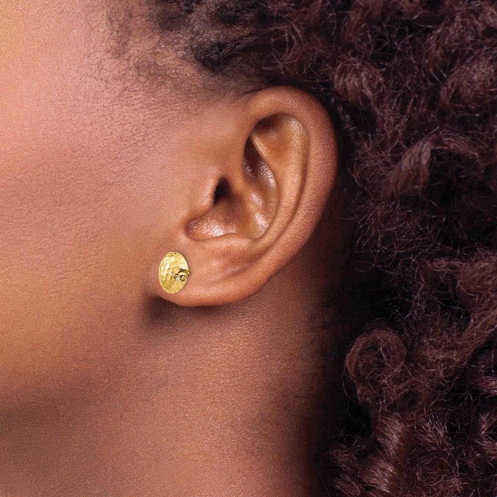 14k Yellow Gold Black Bow 9mm Hammered Puffed Round Post Earrings for Everyday Elegance and Special Occasions