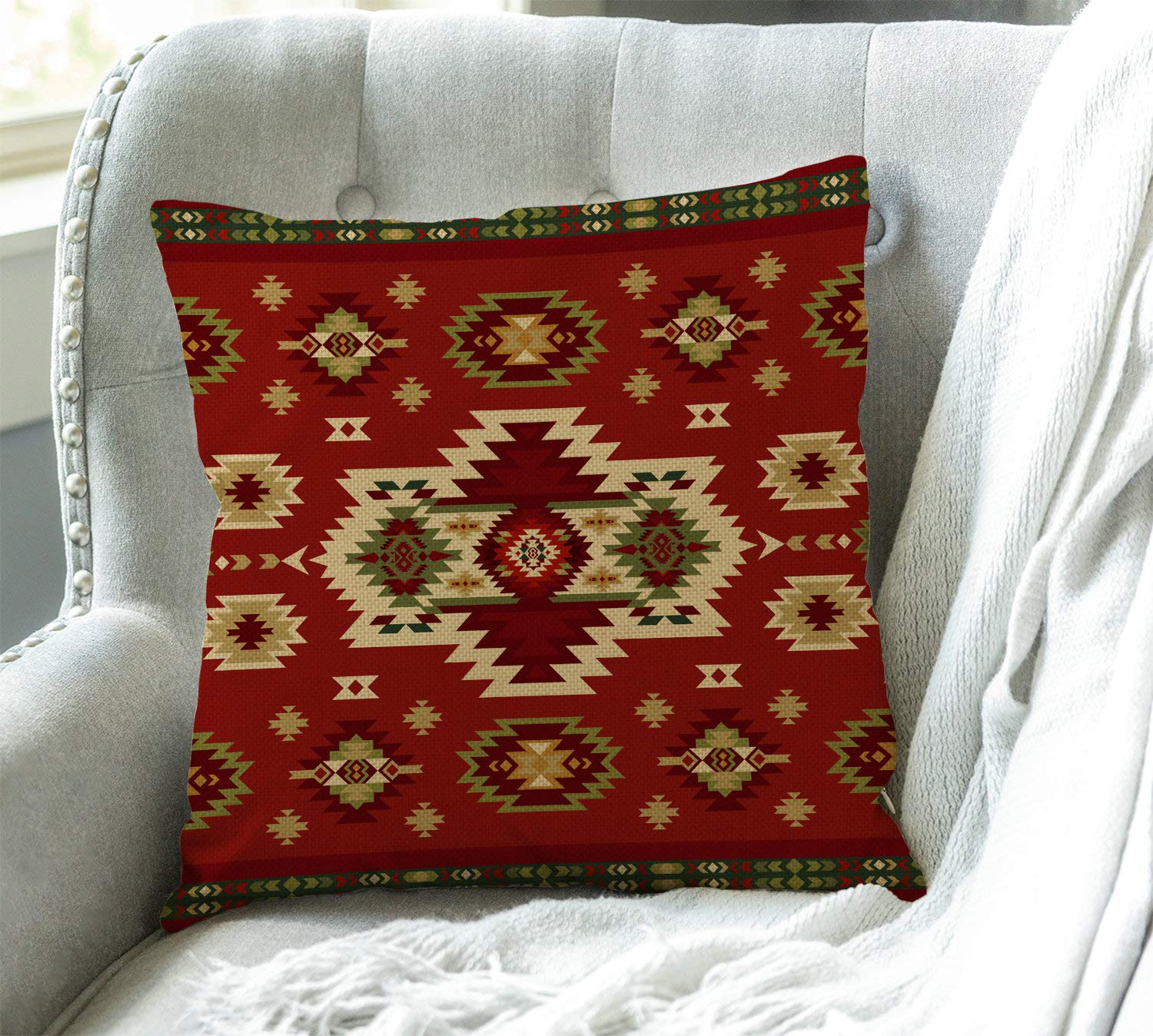 Swono Geometric Southwest Tribal Print Pillow Cover - 18x18 Inch Cotton Linen Cushion Case for Sofa, Couch & Bed - Boho Home Decor, Living Room Accent Throw Pillow