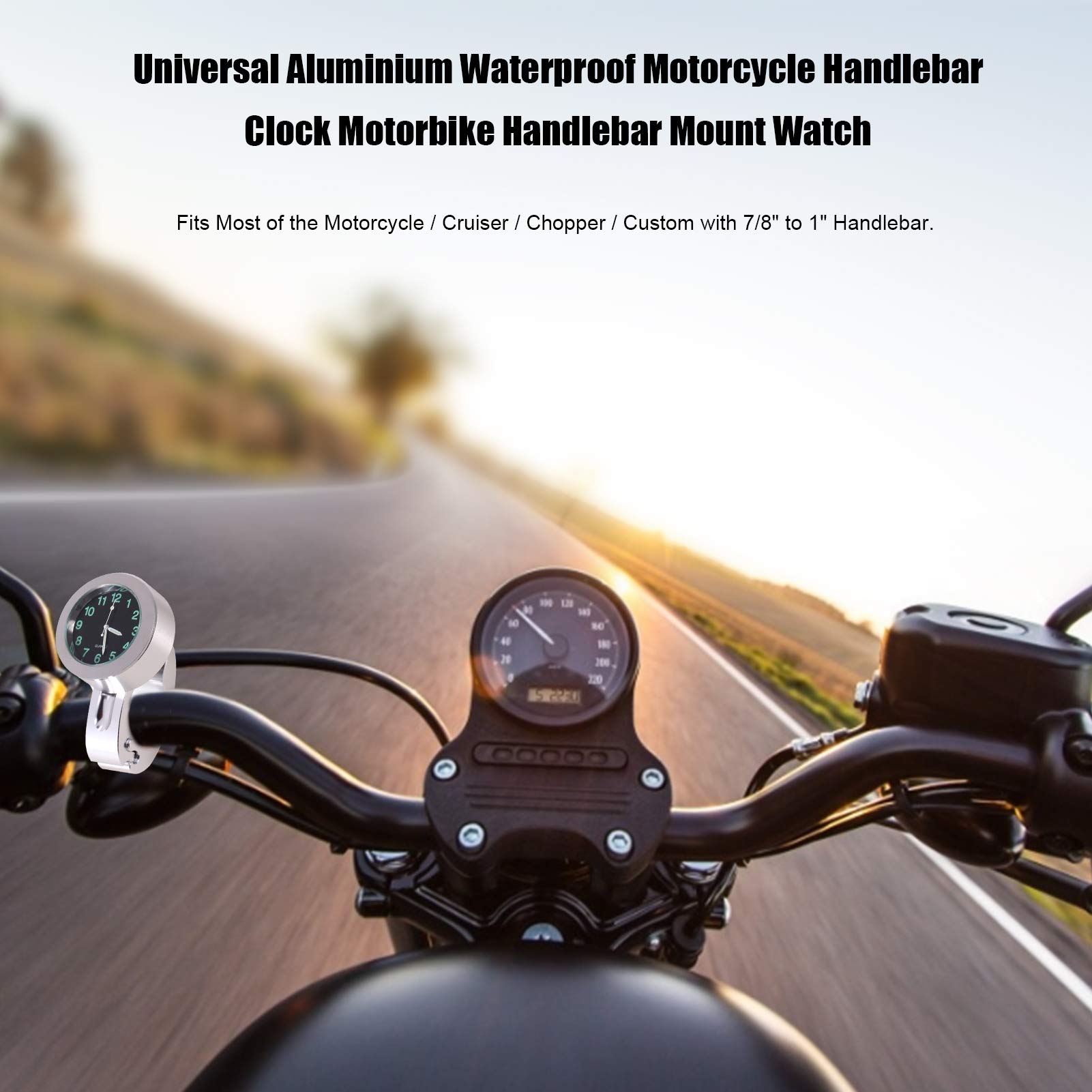 Universal Waterproof Motorcycle Handlebar Clock - Glow in The Dark, Silver for Easy Night Riding | Durable & Shockproof Bike Accessory for Harley, Cruiser, Touring & Adventure Motorcycles