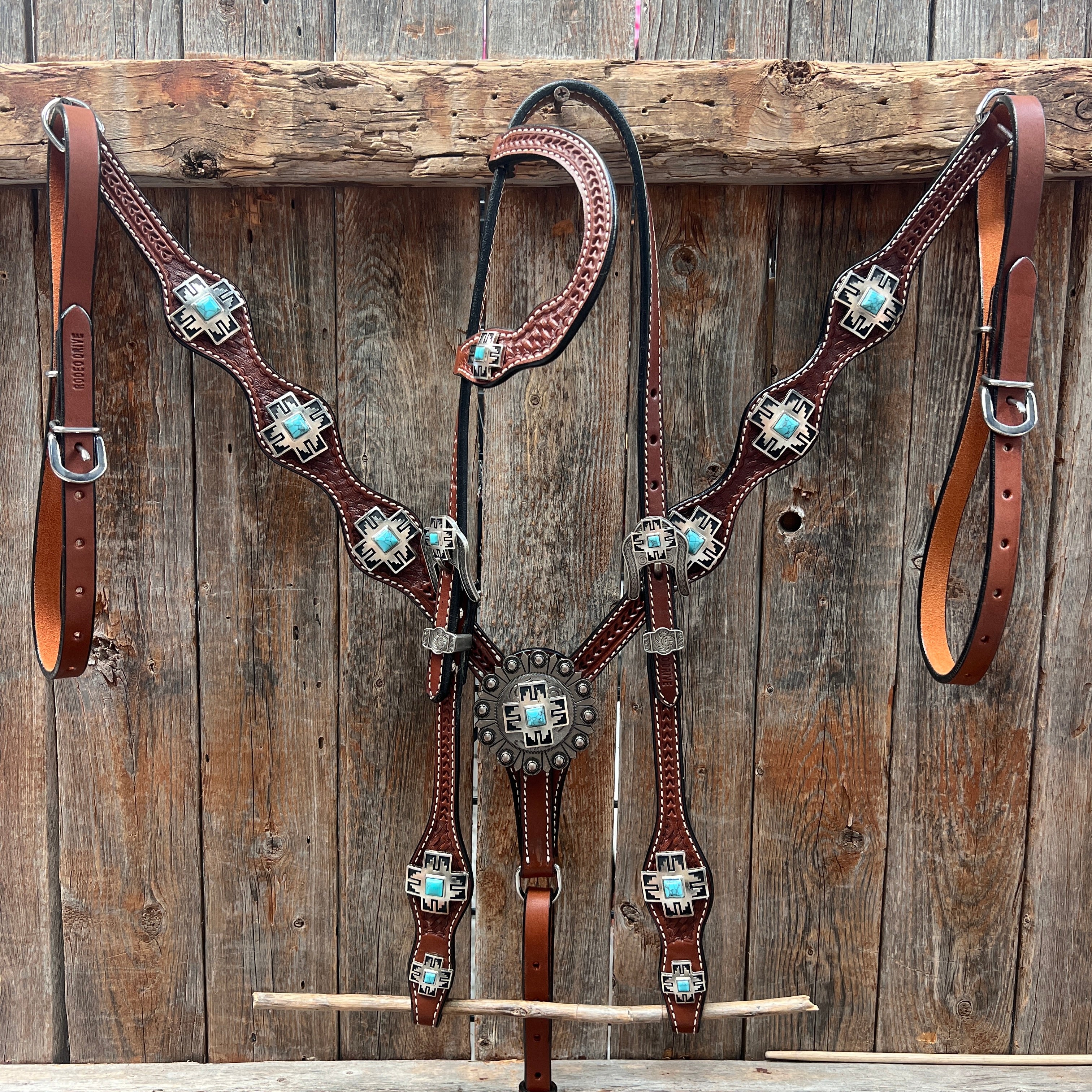 Medium Oil Turquoise Cross Browband & One Ear Headstall Breastcollar Tack Set BBBC1060 - Western Horse Riding Equipment for Show & Trail