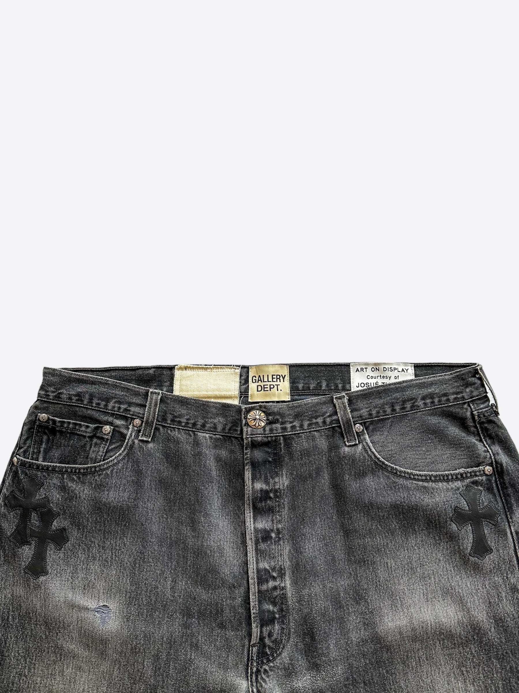 Chrome Hearts x Gallery Dept x Levis Grey & Black Cross Patch Distressed Jeans for Men - Vintage Denim Pants with Unique Design, Perfect for Streetwear & Casual Outfits