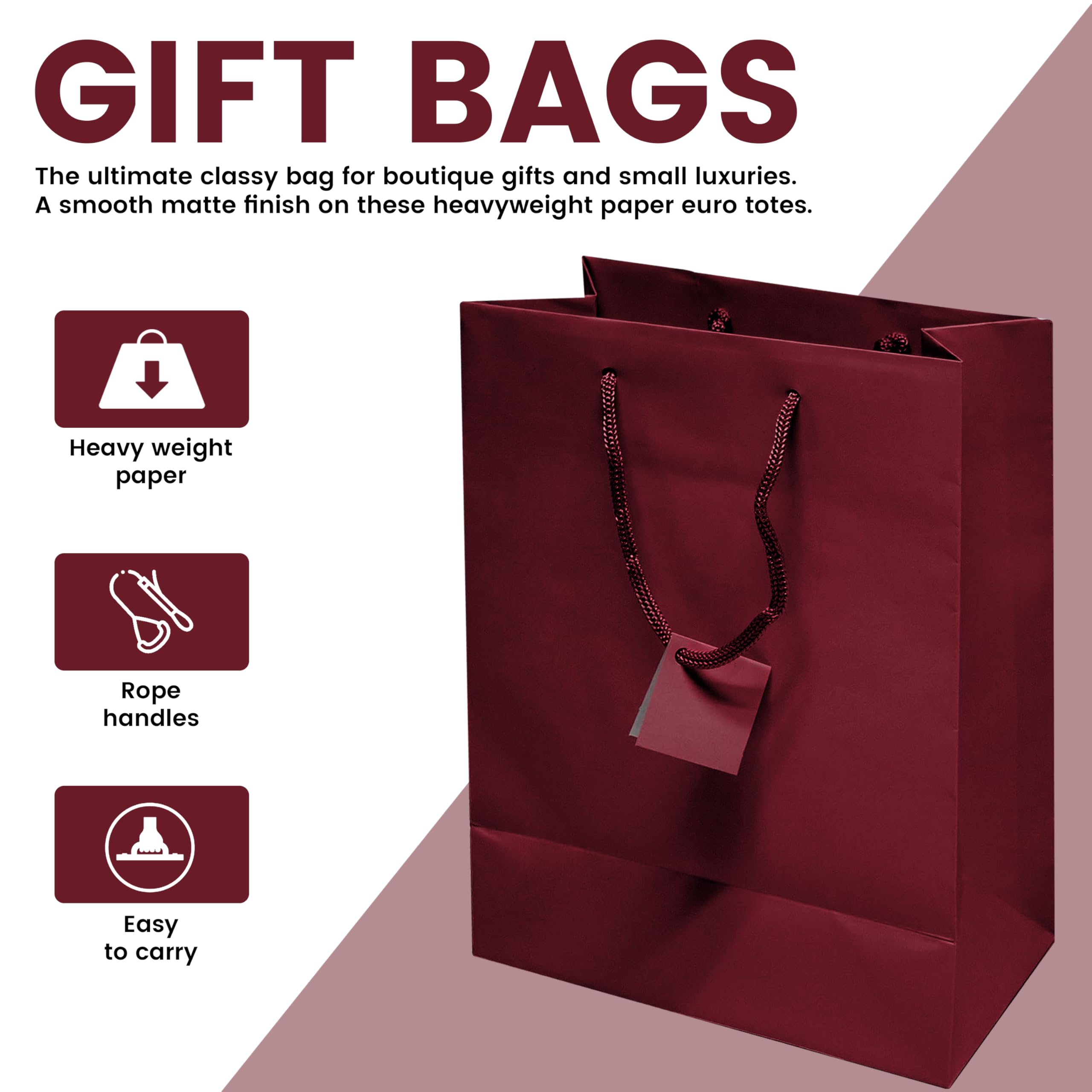 10 Pack Burgundy Gift Bags with Handles - 4.75x3.25x6.75 Inches Small Paper Tote Bags for Business, Birthday Party Favors, Shopping & Groceries | Elegant Euro Style Gift Packaging for Retail, Weddings & Personal Use
