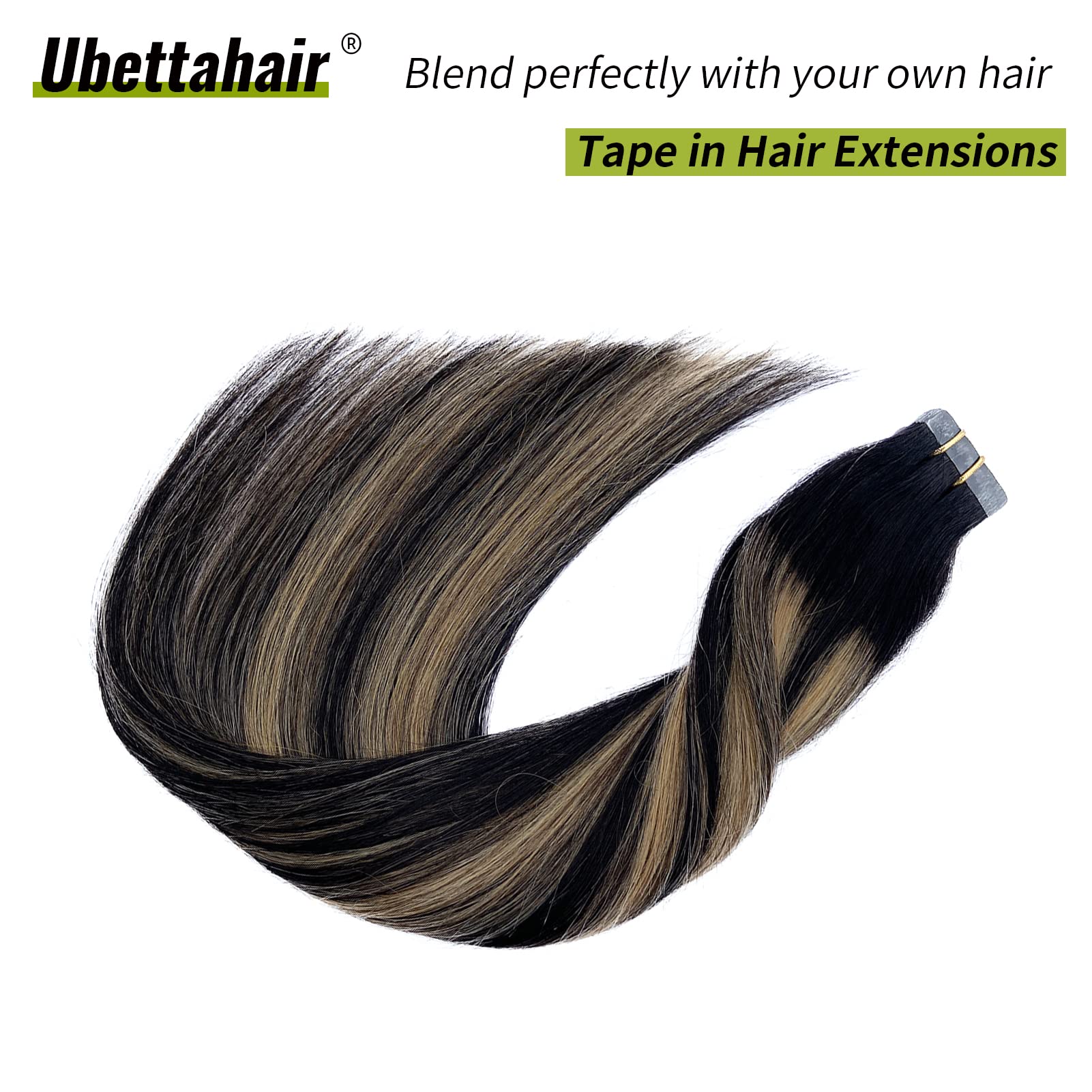 20pcs Tape in Hair Extensions Human Hair - Double Sided Invisible Real Hair Extensions, Ombre Black to Caramel Blonde Highlights, Remy Hair 20 Inch 50G Skin Weft - Perfect for Parties, Weddings & Daily Styling
