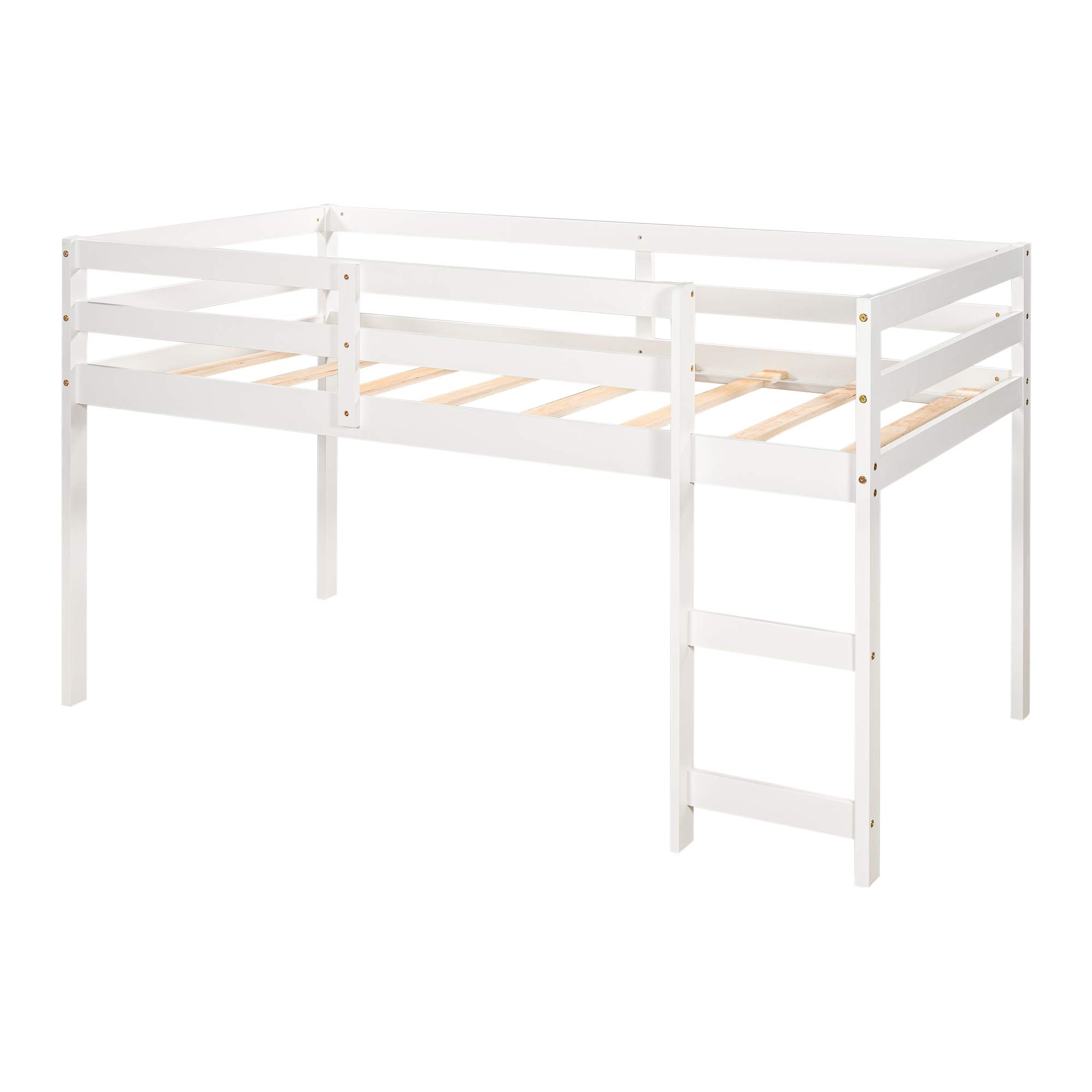 Twin Low Loft Bed with Study Desk for Kids - Rolling Portable Desk, Storage Shelf, Safety Guard Rail & Drawer Cabinet - Perfect for Small Bedrooms & College Dormitories (White) - Space-Saving Study & Sleep Solution for Teens & Students