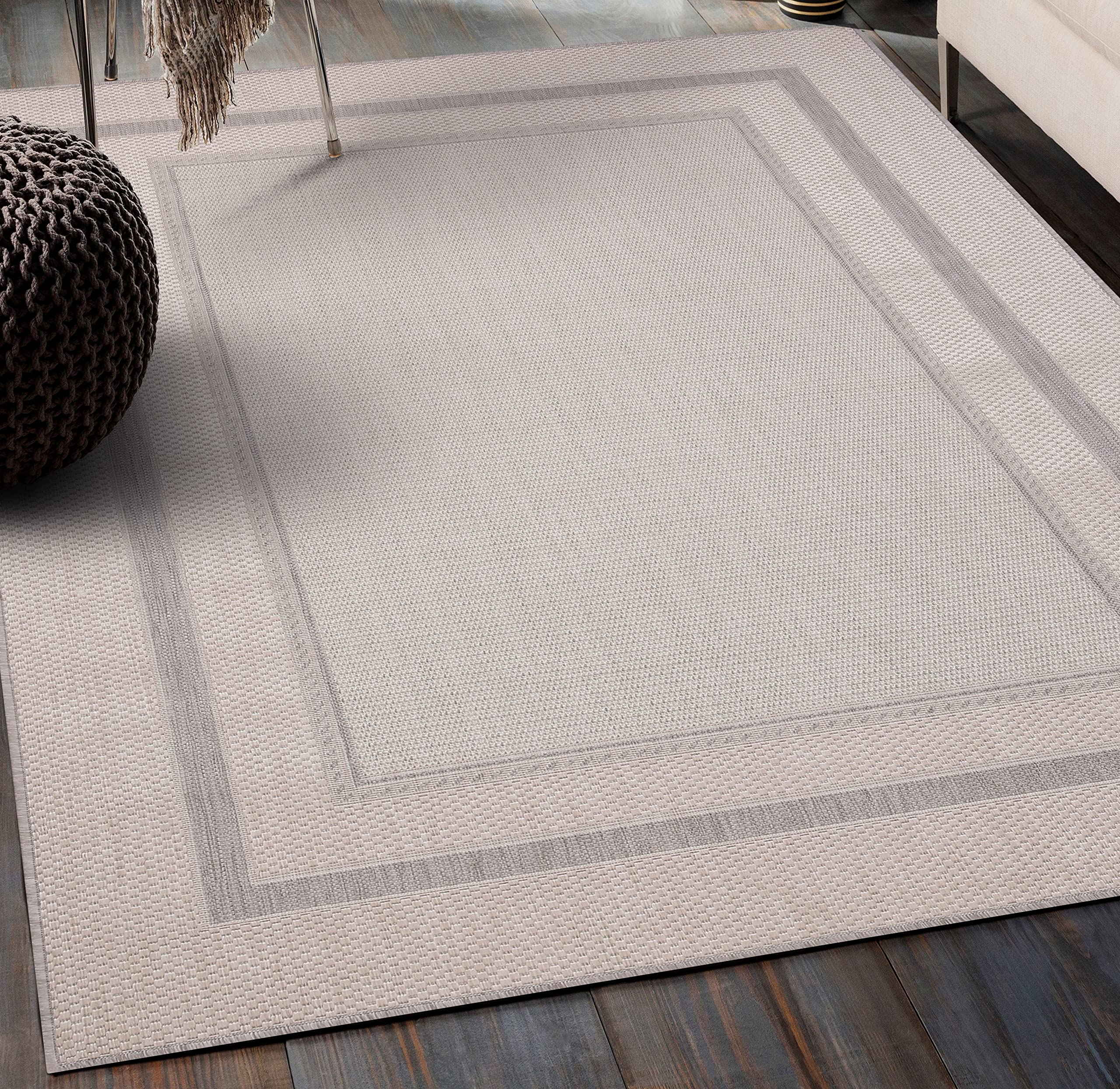 Modern Bordered Indoor/Outdoor Area Rug - Weather Resistant 8x10 Gray Carpet for Porch, Deck, Balcony, Backyard & Patio - Perfect for Outdoor Entertaining & High-Traffic Areas