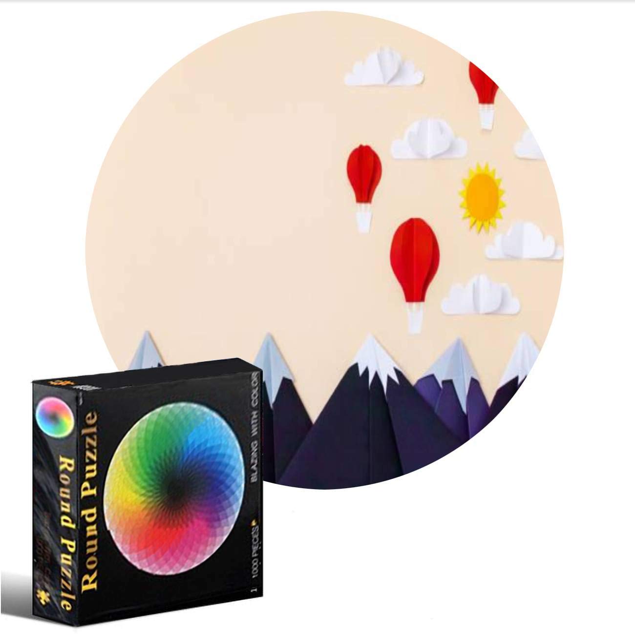 1000-Piece Round Wooden Jigsaw Puzzle - Origami Mountains with Hot Air Balloons, 3D Clouds & Sun - Creative Challenging Board Game for Adults & Kids - DIY Educational Toy Gift for Home Decor (Perfect for Family Game Nights & Stress Relief Activities)