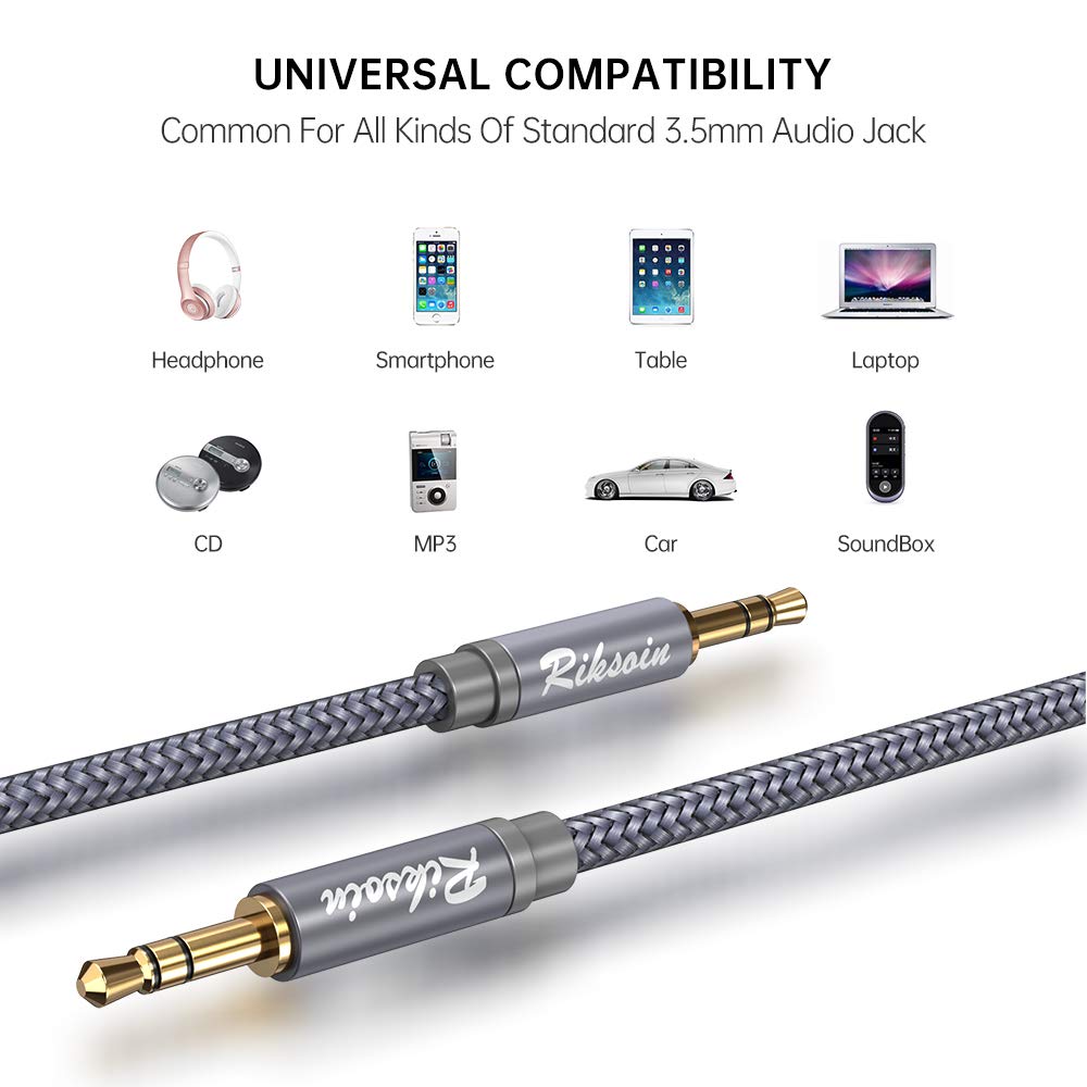 Premium 3.5mm Male to Male Aux Cable 3 Pack (2ft+4ft+10ft) - Shielded Hi-Fi Audio Cord with Nylon Braiding for Car, Home Stereo, Speakers, Headphones, MP3 Players - Perfect for Road Trips, Home Audio & Mobile Devices (Grey)