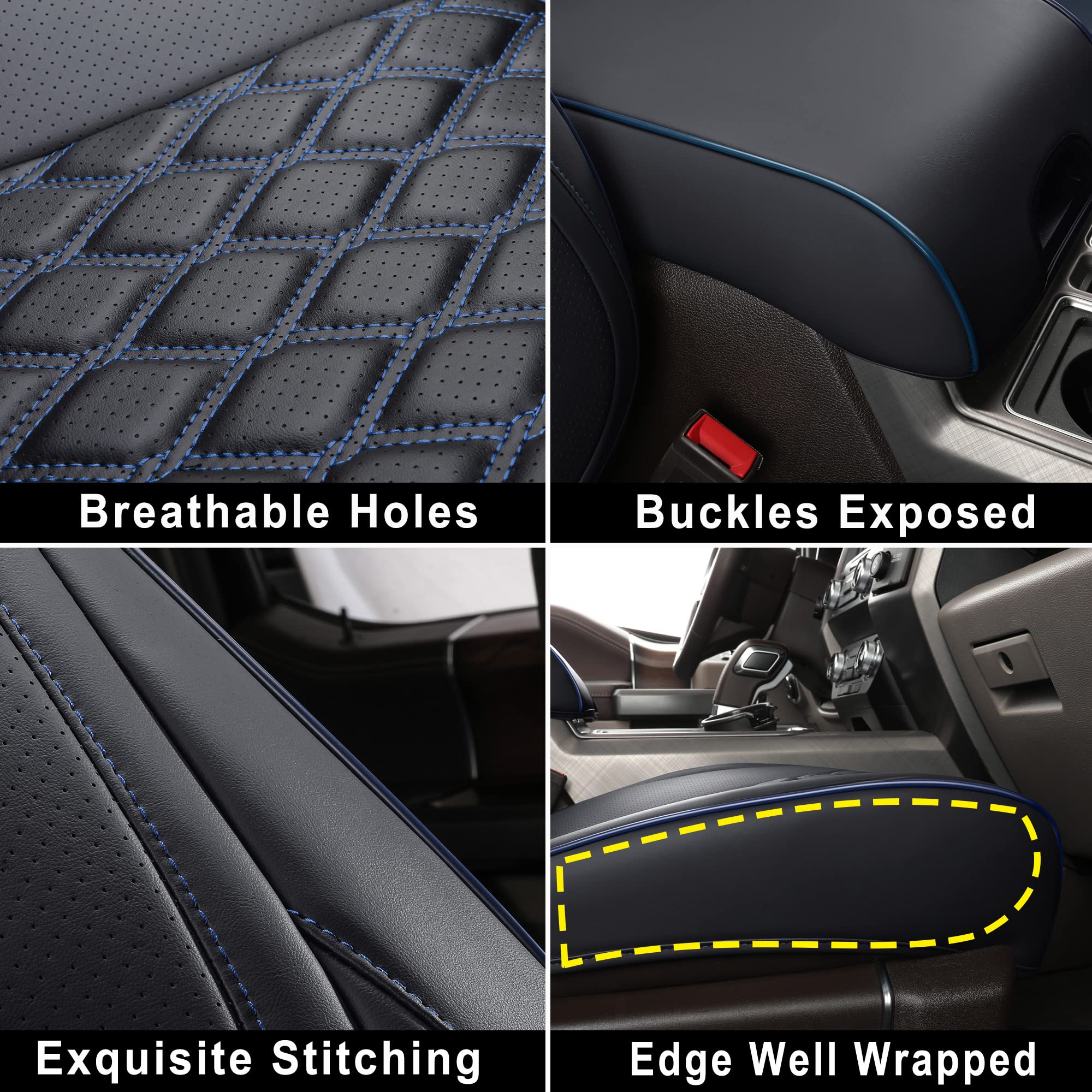 Premium Leather Seat Covers for Jeep Wrangler JL 4-Door (2018-2024) - Full Set Custom Fit with No Rear Cupholder | Black & Blue Design | Durable Protection for Off-Road Adventures & Daily Commuting