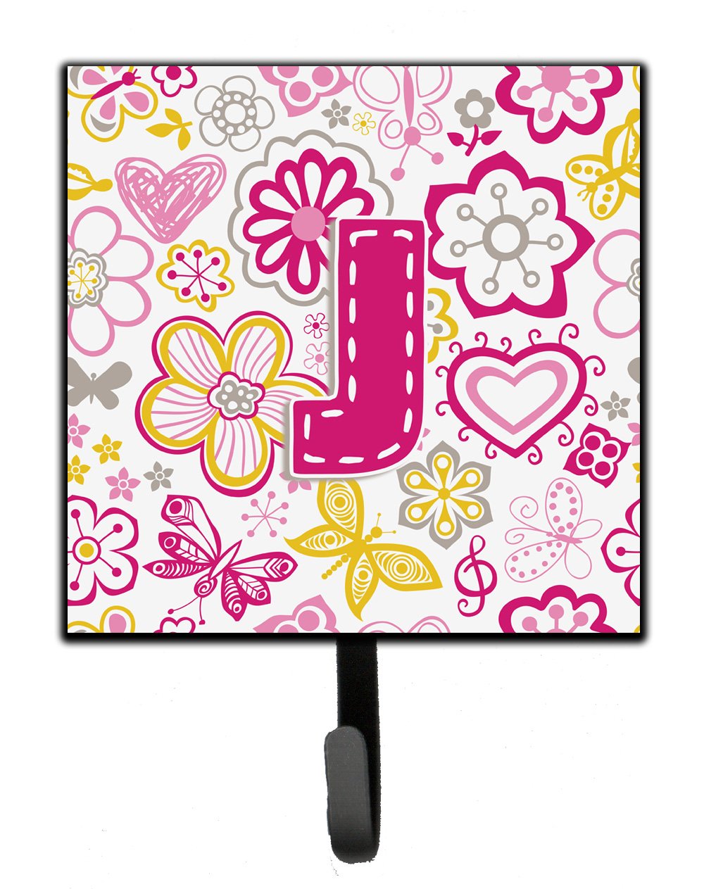 Caroline's Treasures CJ2005-JSH4 Floral Butterfly Letter J Wall Hook - Pink Key Holder, Coat Rack, Leash Hanger for Keys, Towels, Aprons | Perfect for Entryway, Kitchen & Bathroom Organization