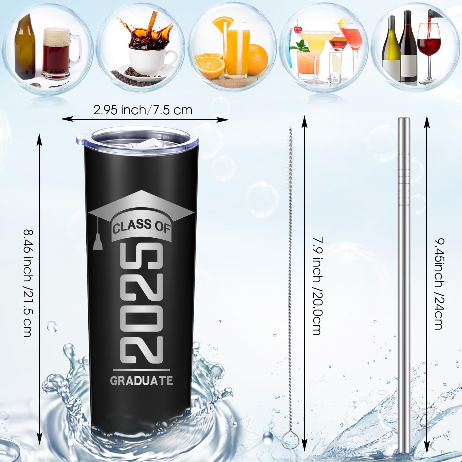 Patelai 4-Pack Class of 2025 Graduation Tumblers - Insulated Water Bottles with Lid, Straw & Brush - Perfect Graduation Gifts for Her, Him, Daughter, Son & Friends (Black) | Great for School, College Ceremonies & Travel