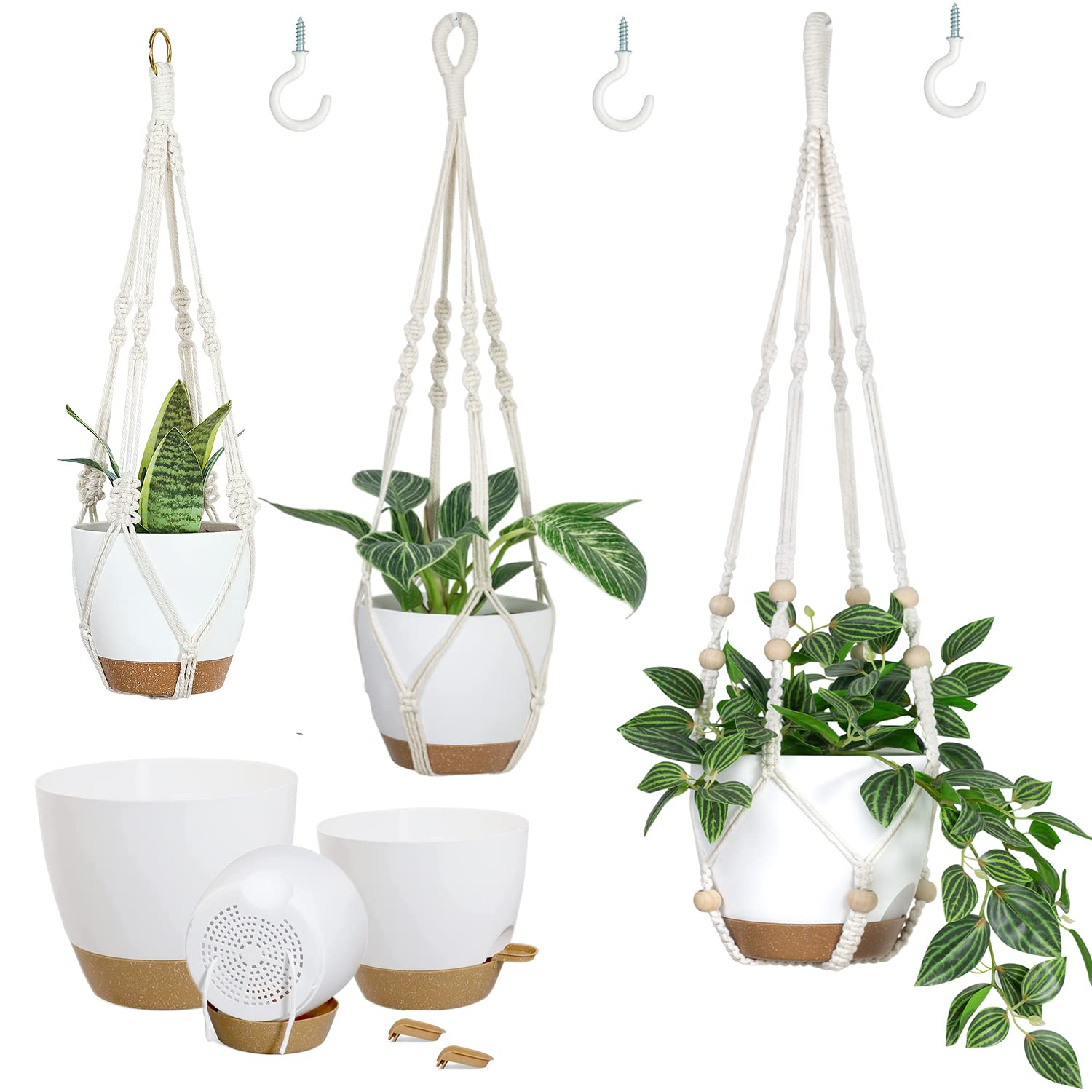 **Macrame Plant Hangers with Self-Watering Pots - 3-Piece Set for Indoor & Outdoor Plants (Small, Medium, Large) - Perfect for Balconies, Patios, and Home Decor**