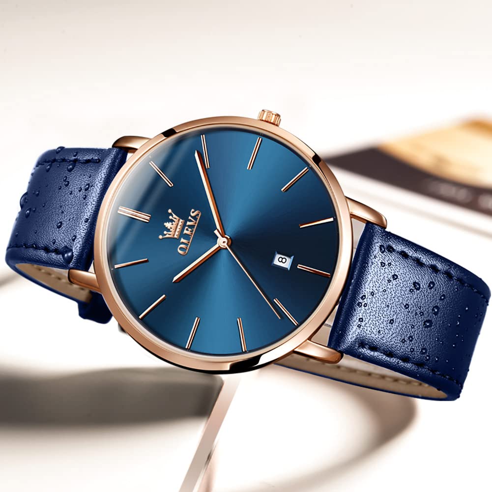 OLEVS Ultra Thin 6.5mm Minimalist Men's Dress Watch - Waterproof Business Watch with Date Display & Genuine Leather Strap | Perfect for Office, Formal Events & Daily Wear