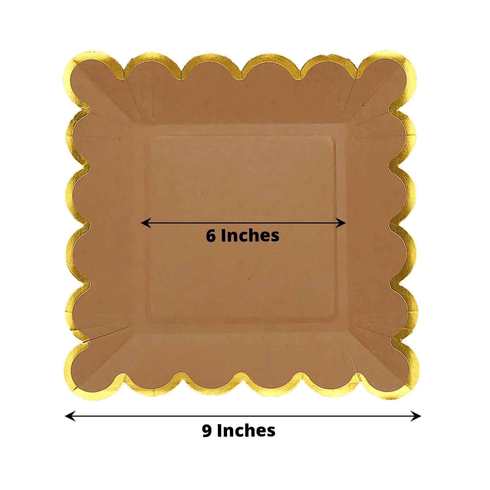 25 Square Natural Paper Salad Dinner Plates with Gold Scalloped Rim - Eco-Friendly Disposable Tableware for Parties, Weddings & Picnics