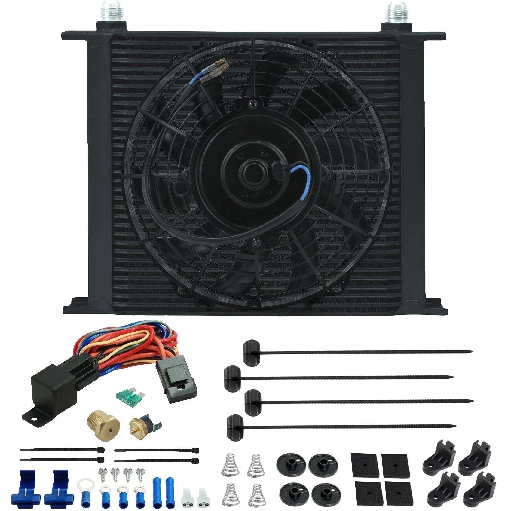 34 Row 6 10AN Transmission Oil Cooler with Electric Fan & NPT Thermostat Switch - Heavy Duty Cooling for Trucks, RVs, and Performance Vehicles