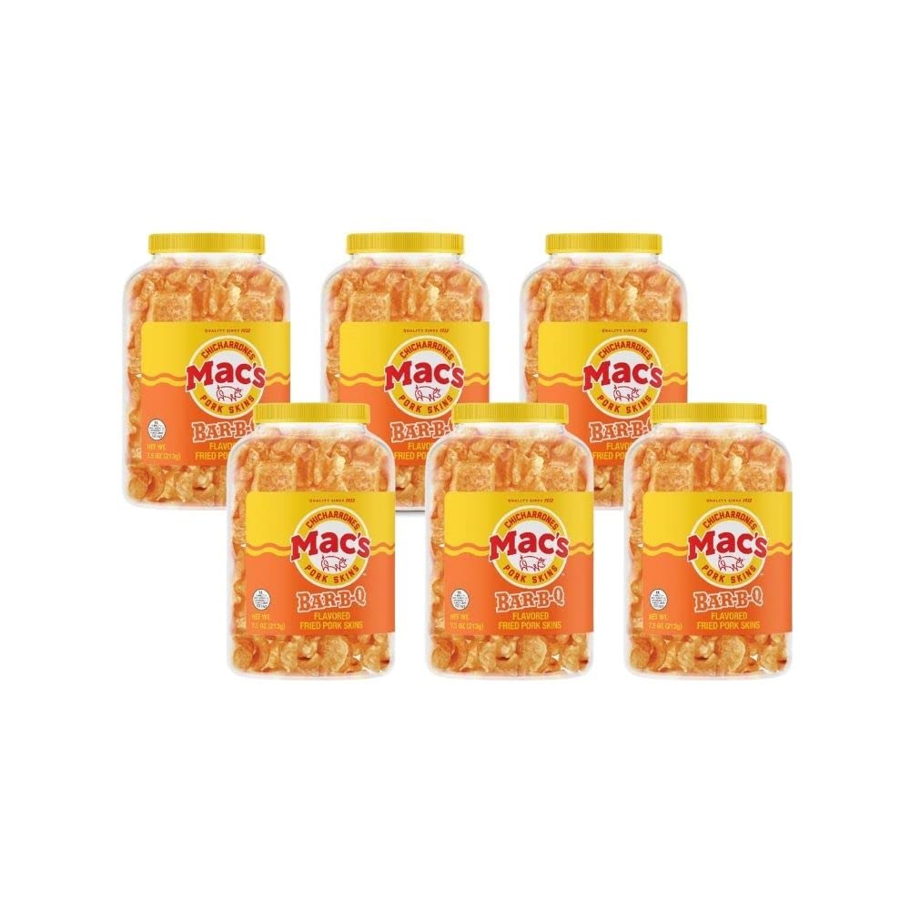 Organic Mac's BBQ Pork Skin Canisters - Gluten Free, Keto Friendly Snacks, 7.5oz (Pack of 6) - Perfect for Low Carb Diets, Office Snacking & Game Day Parties