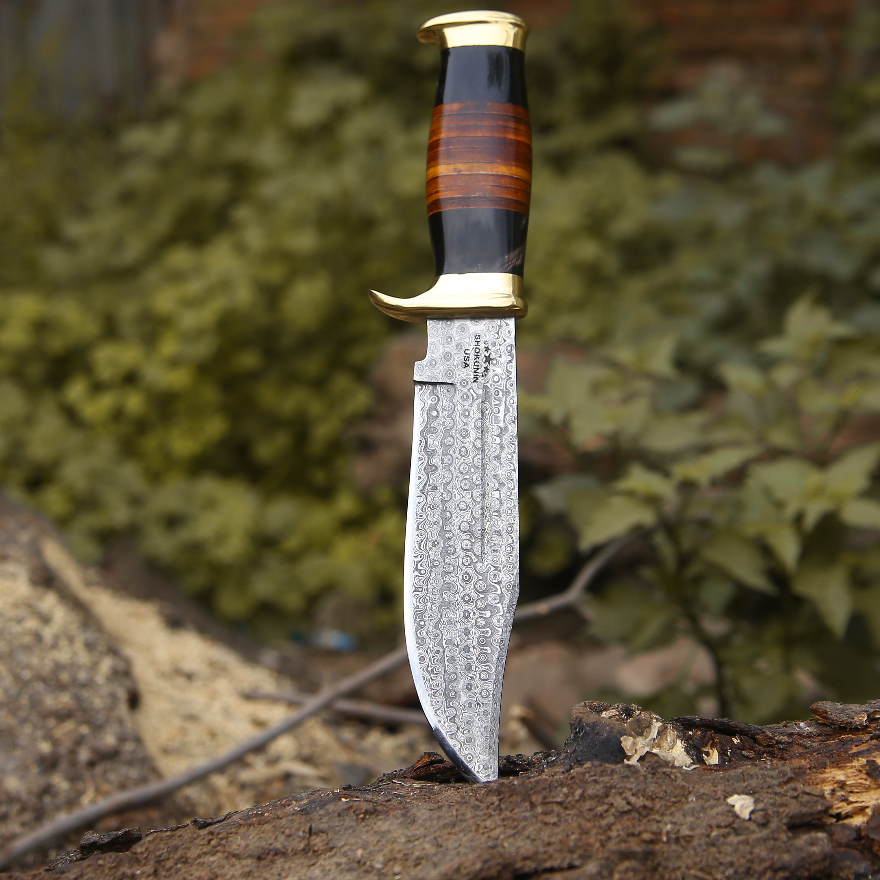 Premium Custom Bowie Knife with Genuine Bull Horn Handle & Stacked Leather Grip - Hunting, Camping, Outdoor Survival & Collectible Knife for Men