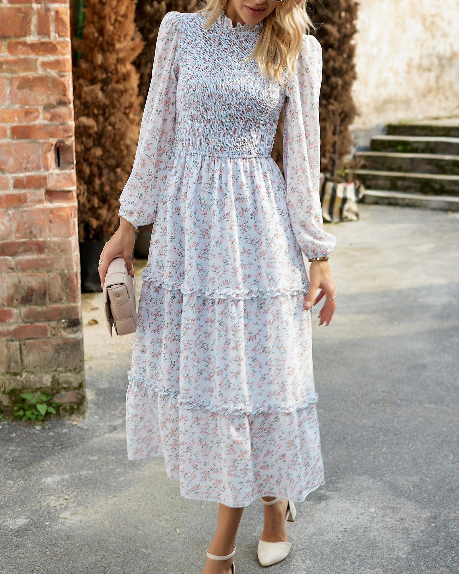 NOLLSOM Women's Floral Boho Maxi Dress Long Sleeve Crew Neck Ruffle A-Line Flowy Wedding Guest Dress for Spring 2025 | Casual Elegant Dress for Beach Vacation, Garden Party & Special Occasions