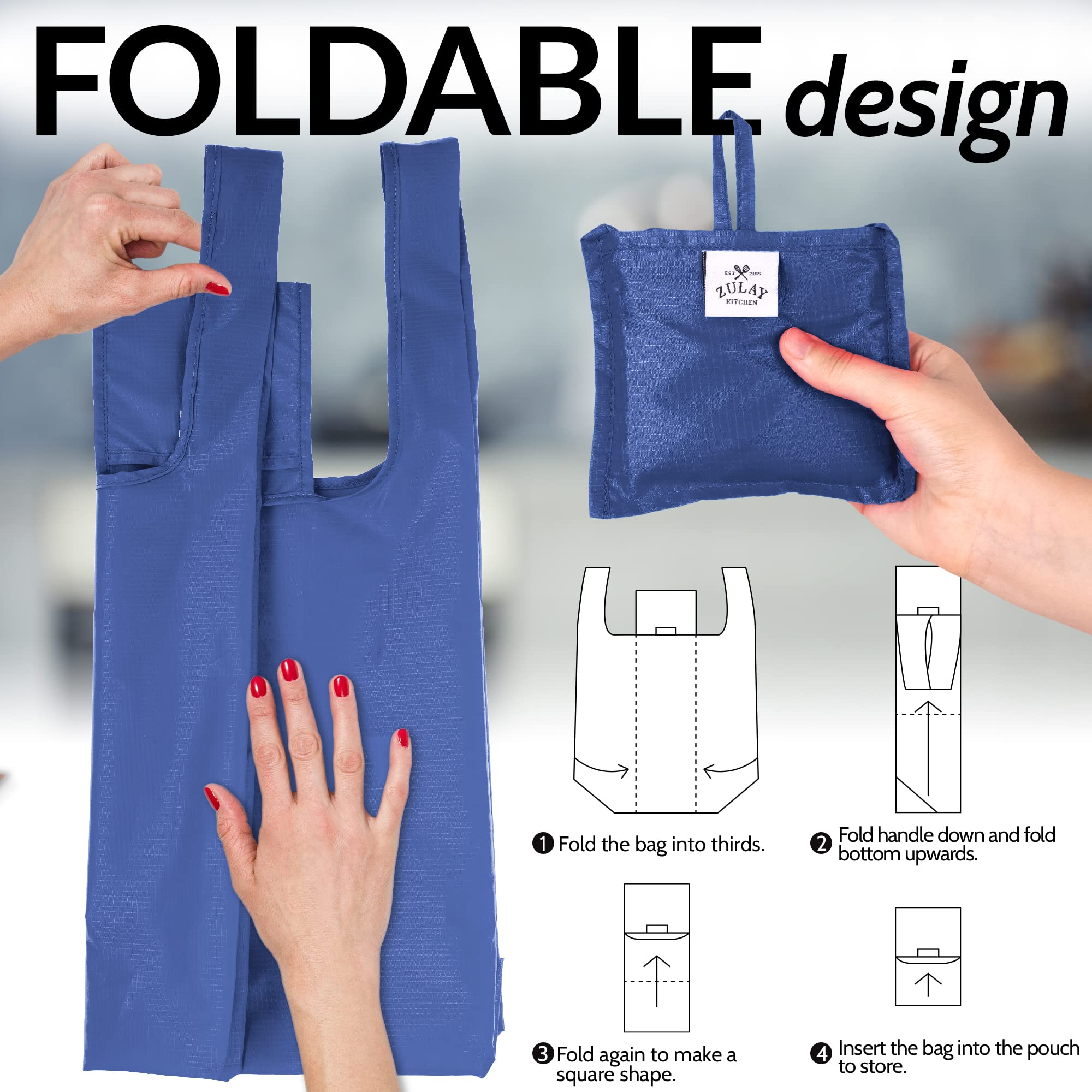Zulay Kitchen 5-Pack 50LB Heavy Duty Reusable Grocery Bags - Large Foldable Shopping Tote with Reinforced Handles & Drawstring Closure - Durable Machine Washable Eco-Friendly Grocery Bags (Blue) - Perfect for Grocery Shopping, Farmers Market, Beach Trips & Storage