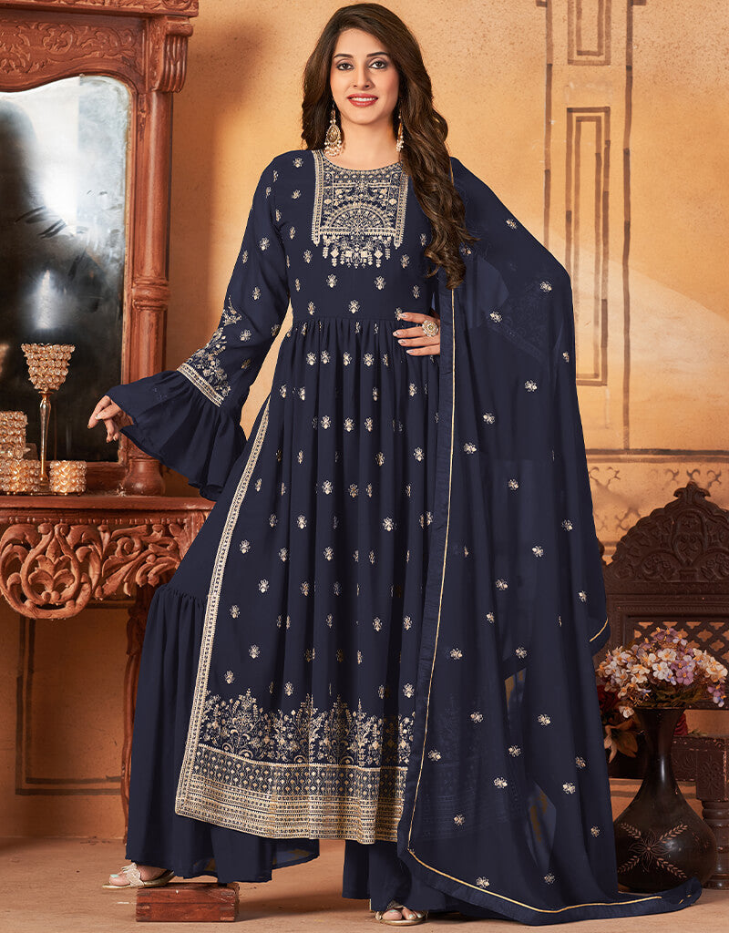Blue Fox Georgette Sharara Salwar Suit for Women - Elegant Indian Ethnic Outfit for Weddings, Festivals & Special Occasions