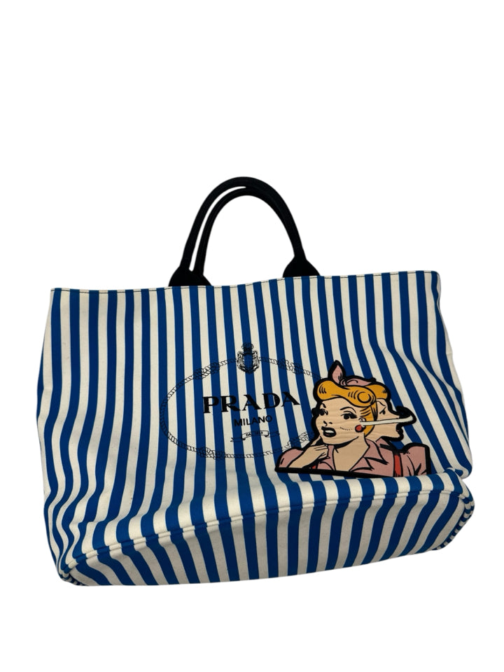 Prada Blue and White Canvas Comic Tote Bag - Stylish Designer Handbag for Women | Perfect for Work, Travel & Everyday Use