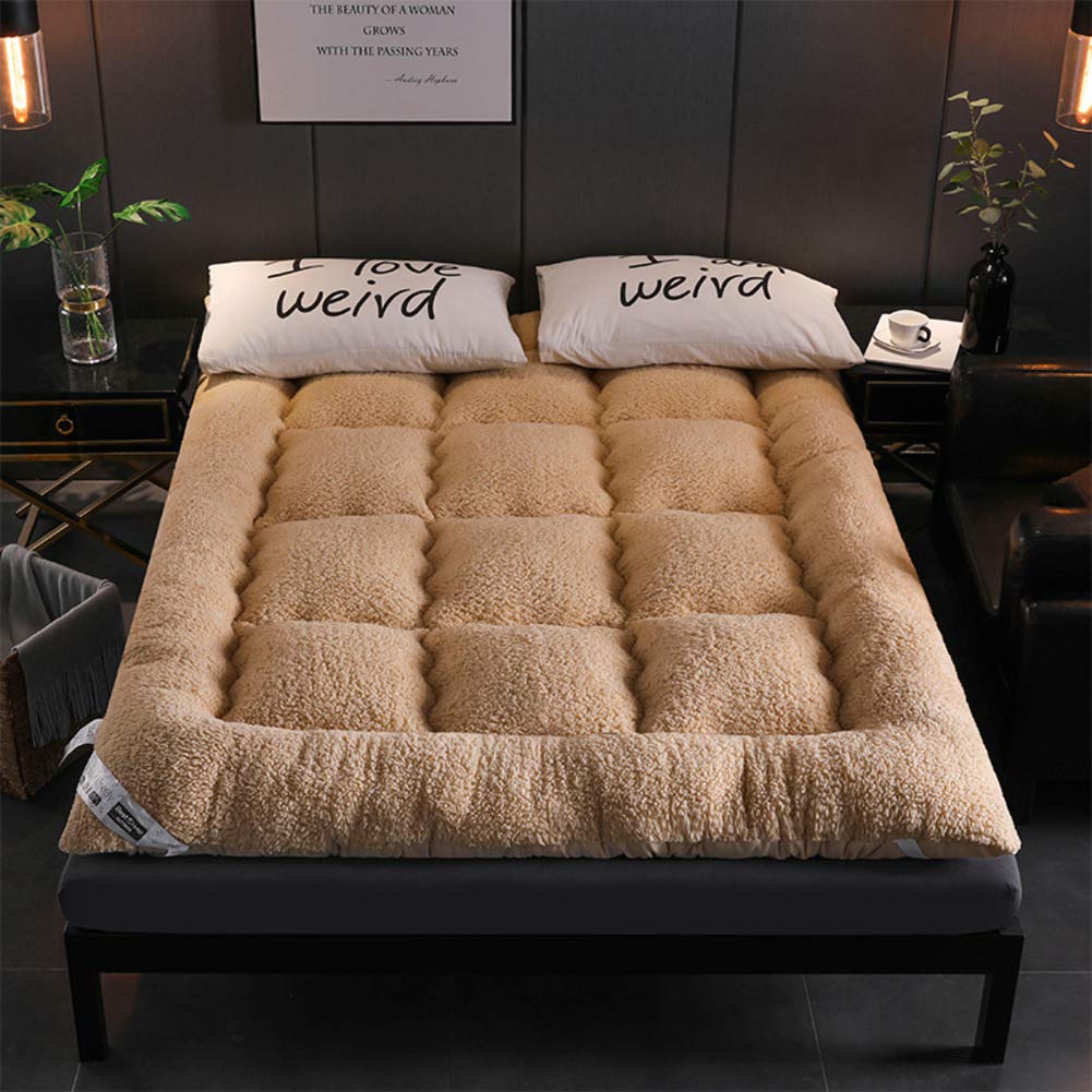 Japanese Flannel Plush Futon Mattress - Non-Slip Tatami Mattress Topper, Thick & Breathable Floor Mat for Dorm Room, Guest Bed or Camping - Queen Size in Khaki