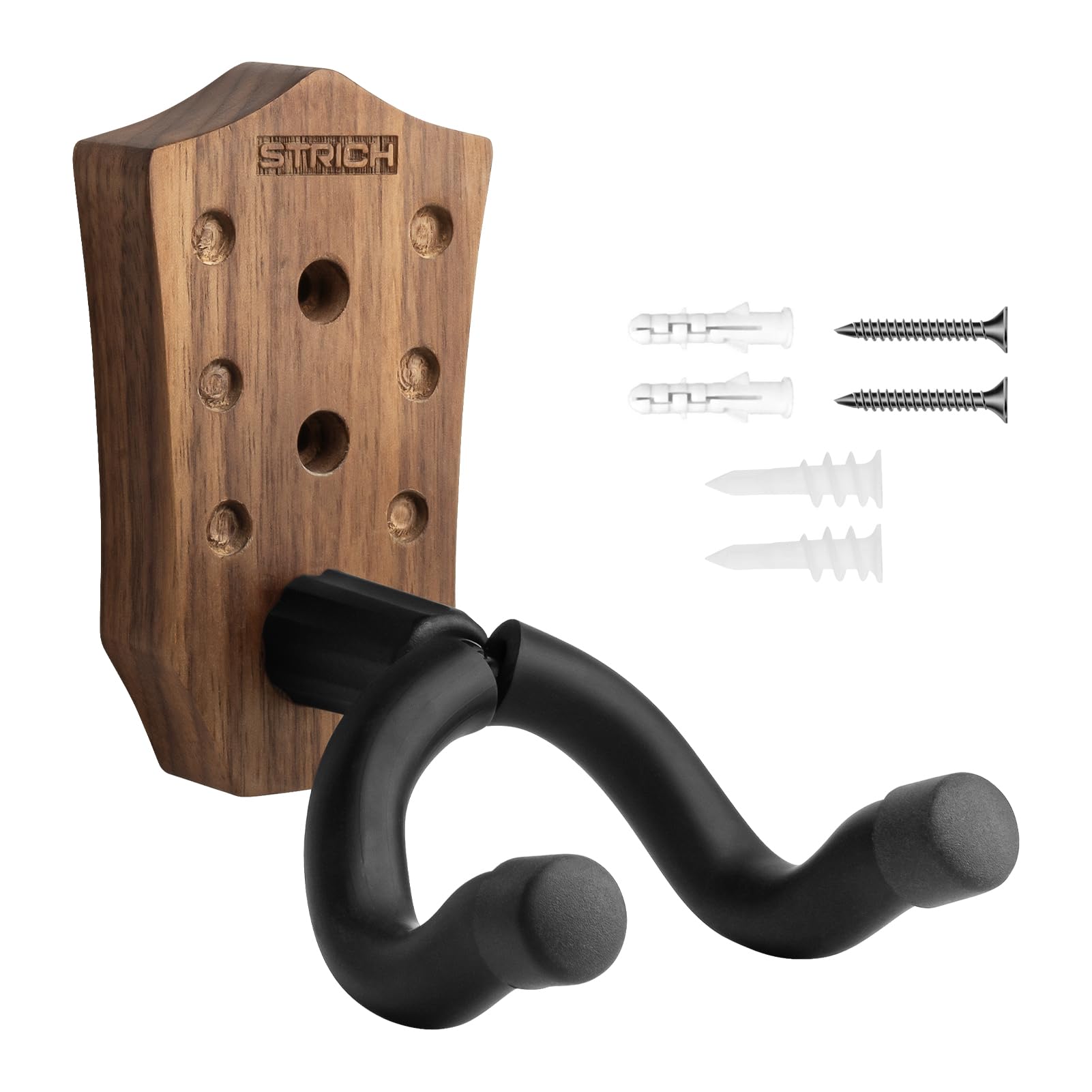 Premium STRICH Guitar Wall Mount - Walnut Base U-Shaped Hanger with Screws for Acoustic/Electric/Classical Guitars, Bass & Banjo (1-Pack) - Space-Saving Instrument Storage for Home Studios & Music Rooms