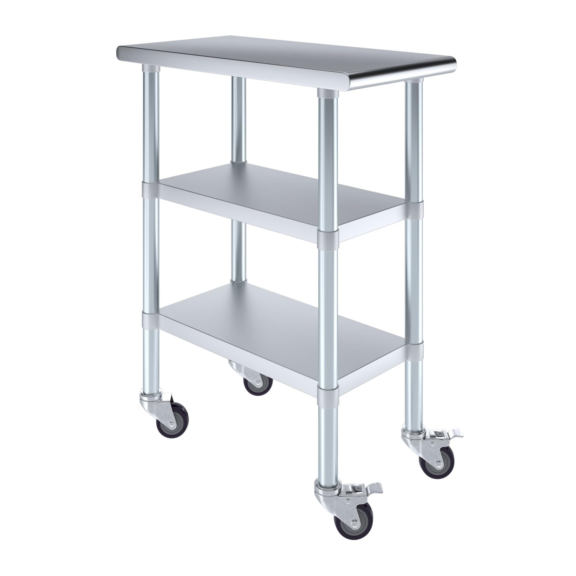 AmGood Stainless Steel Work Table with 2 Shelves & Wheels - 15x30 Inch Heavy Duty Metal Utility Table for Kitchen, Restaurant, or Garage | Commercial-Grade Rolling Workstation with Casters