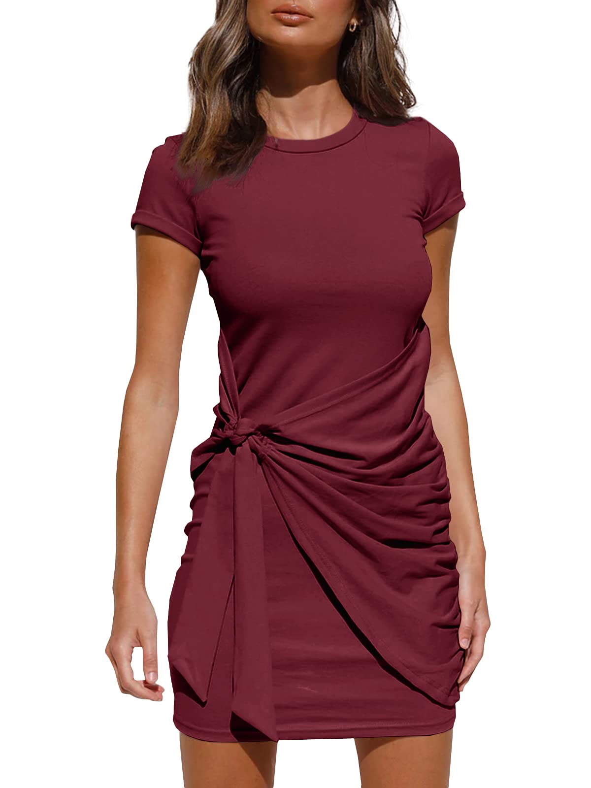 Imysty Women's Summer T-Shirt Dress - Casual Crewneck Bodycon Ruched Tie Waist Mini Dress for Beach, Vacation & Everyday Wear