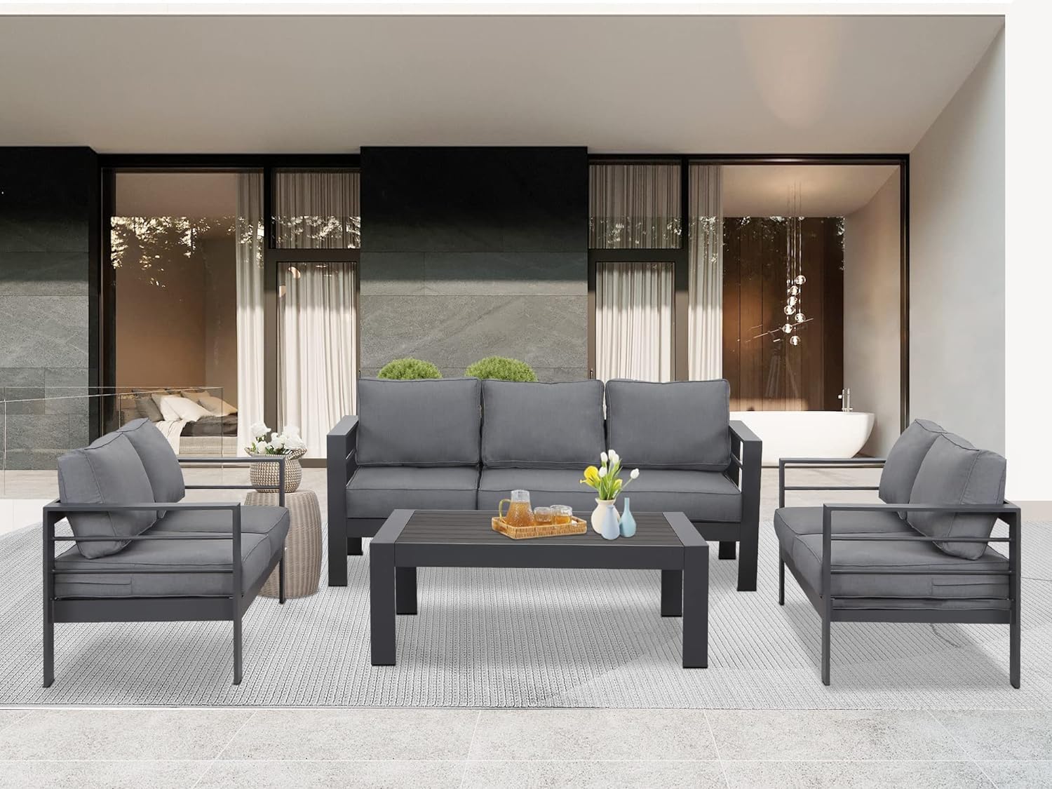 Modern Wisteria Lane Aluminum Outdoor Patio Furniture Set - 5-Piece Dark Grey Metal Sectional Sofa with Cushions & Coffee Table for Balcony, Garden, Poolside & Backyard Relaxation
