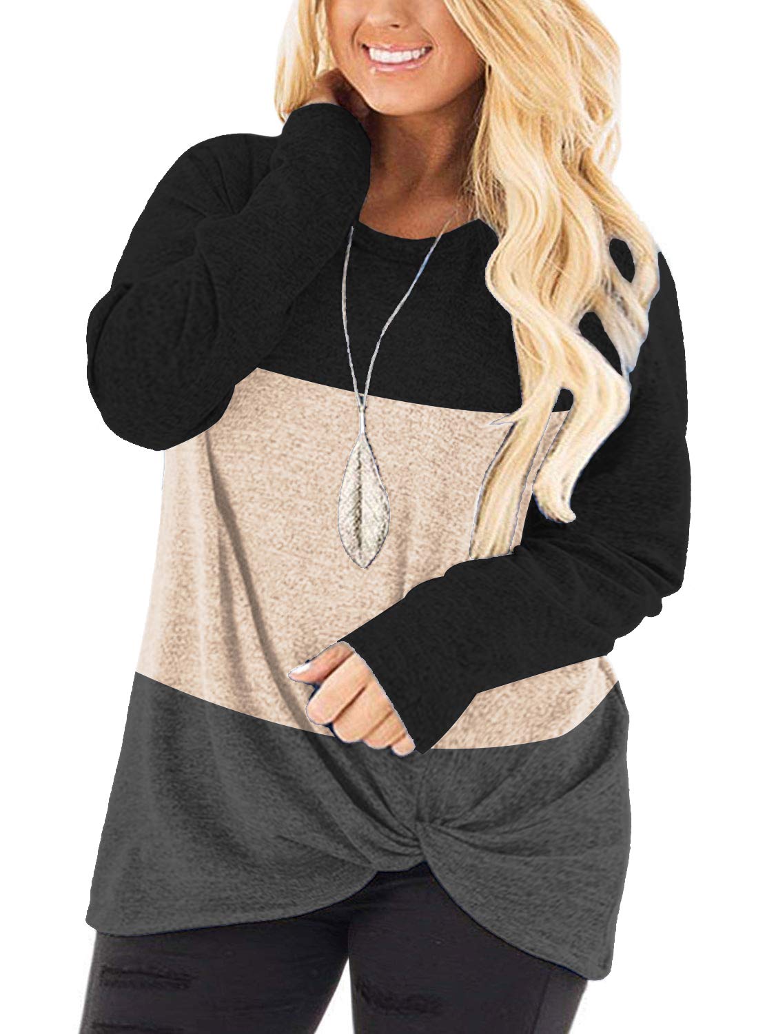 DOLNINE Women's Plus Size Knotted Tops Long Sleeve Tee Shirts - Loose Casual Blouse for Women | Comfortable & Stylish Tunic Top for Everyday Wear, Office, and Weekend Outings