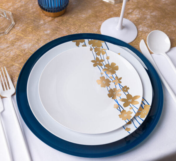 Eco-Friendly Blue & Gold Round Plastic Plates - 10 Inch Durable Disposable Party Plates for Birthday, Wedding, Picnic & Outdoor Events