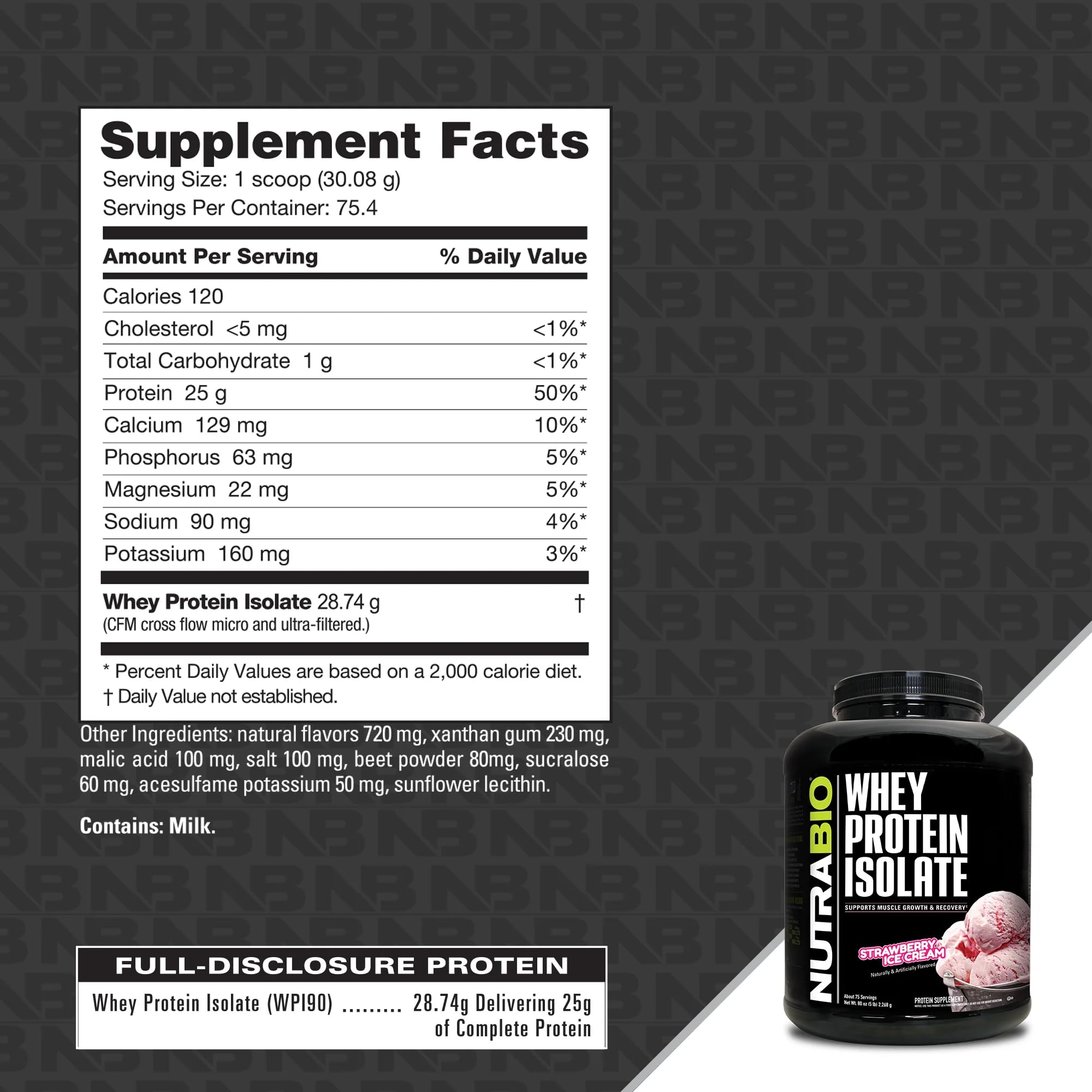 NutraBio Whey Protein Isolate Powder - 25g Protein Per Scoop, Complete Amino Acid Profile | Soy Free, Gluten Free, Non-GMO, No Fillers | Strawberry Ice Cream Flavor - 5 Pound Bag | Ideal for Post-Workout Recovery, Muscle Building & Healthy Lifestyle