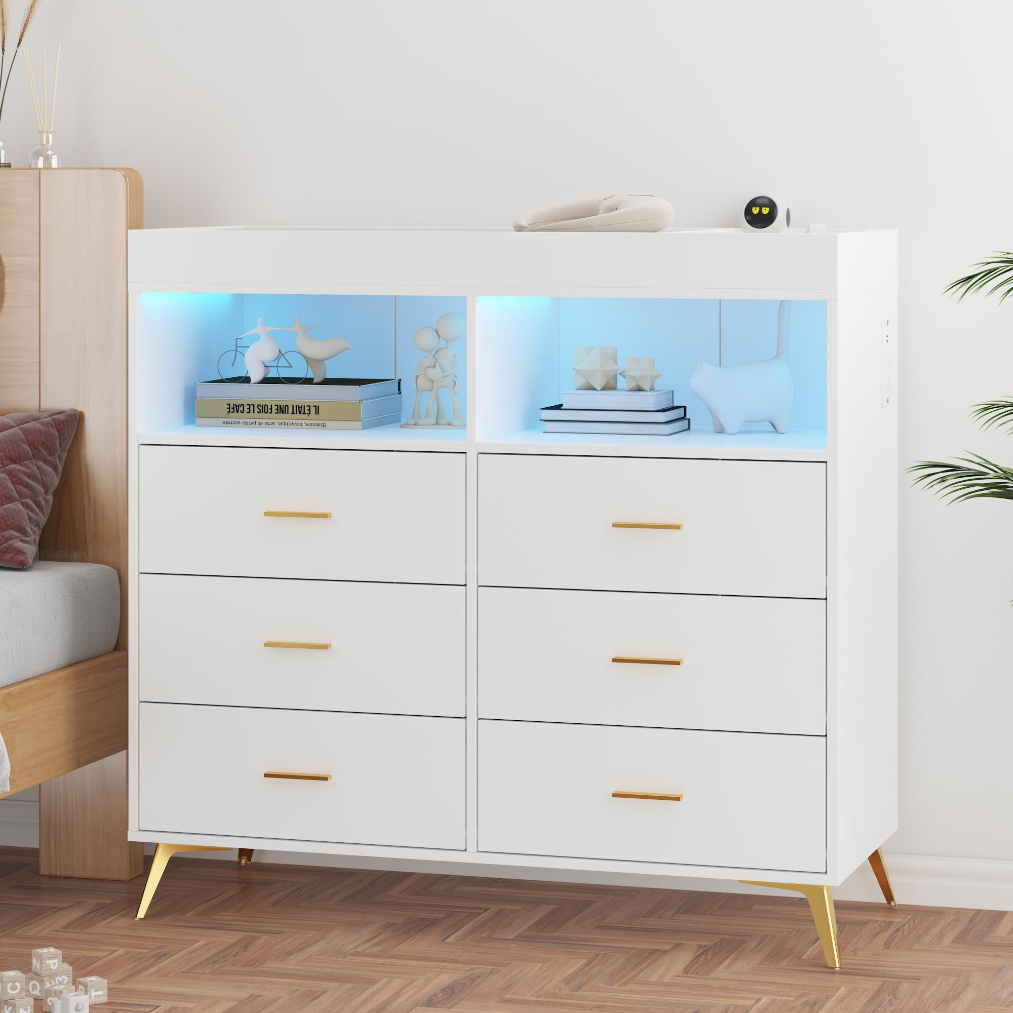 Baby Changing Table Dresser with LED Lights & Power Outlet - 6 Storage Drawers Nursery Organizer for Infants & Newborn - White Changing Station for Diapers, Clothes & Baby Essentials - Perfect for Nursery, Bedroom & Baby Shower Gifts
