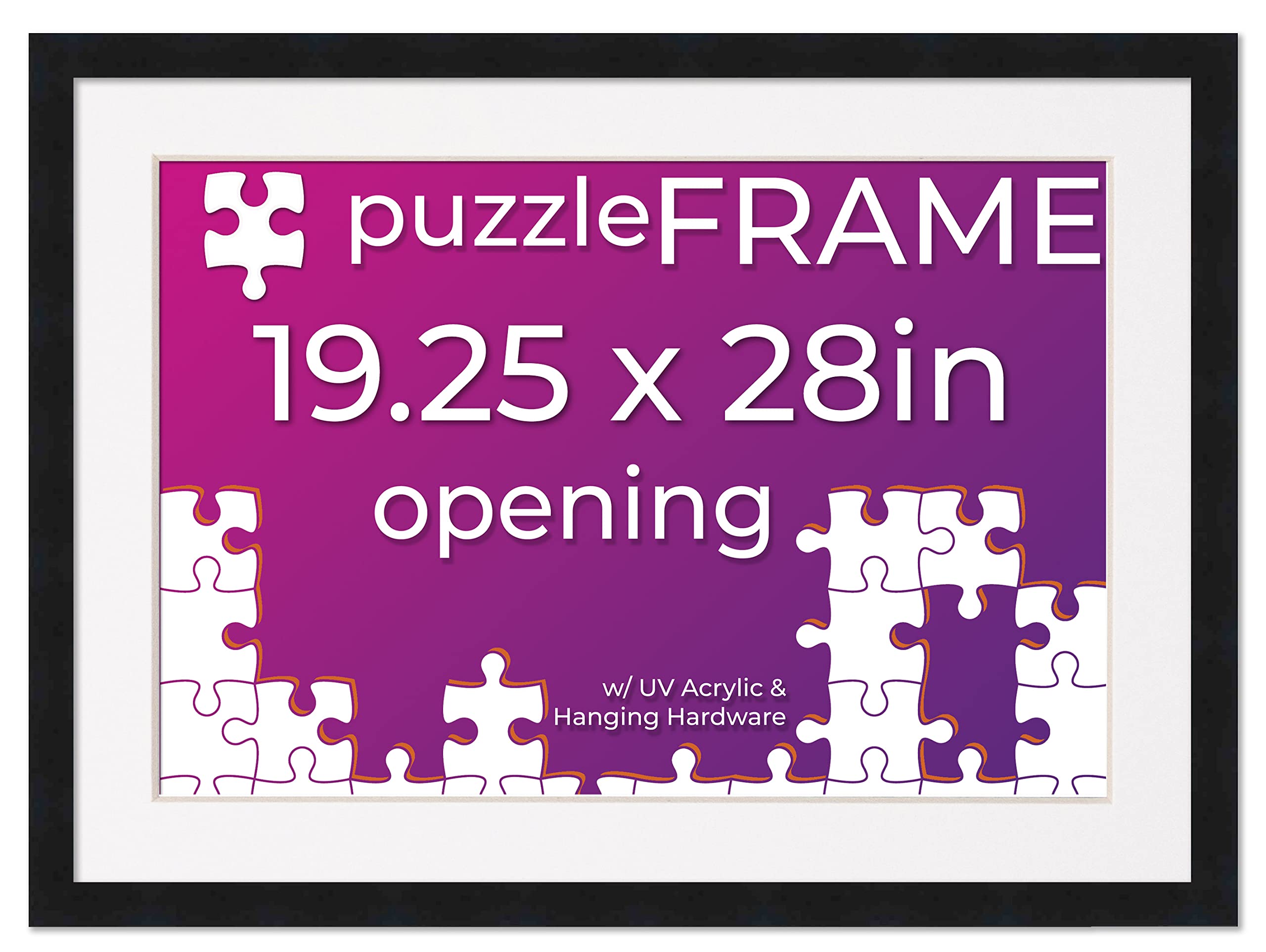 19.25x28 Jigsaw Puzzle Frame Kit with Puzzle Glue Sheets, Black Wood Frame & White Mat - UV Acrylic Protection, Complete Hanging Hardware - Perfect for Displaying Finished Puzzles in Living Room, Bedroom or Office