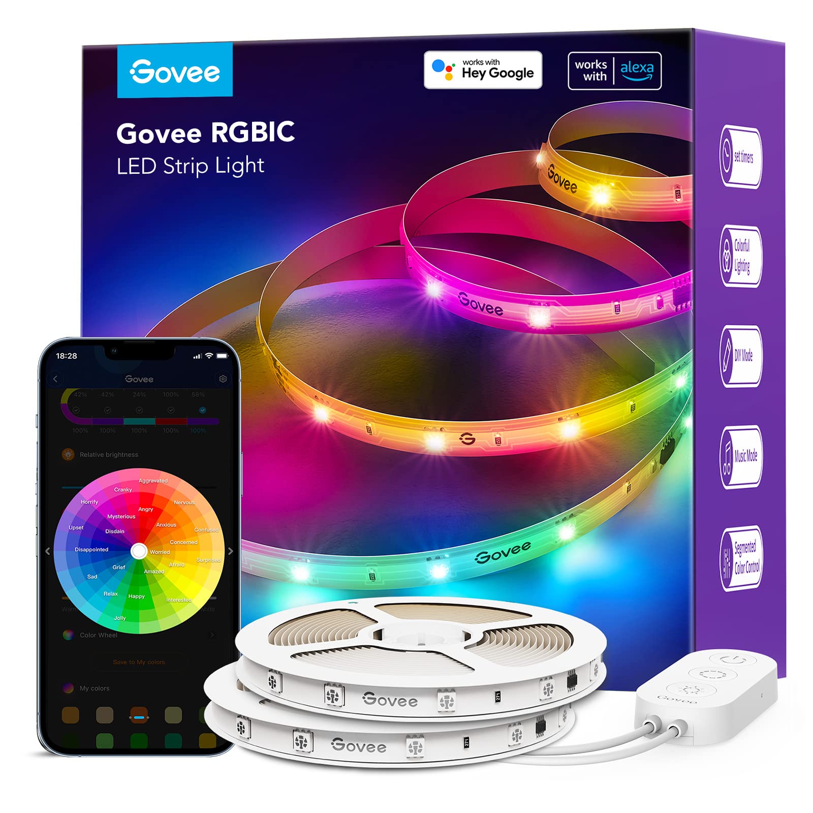 Govee Smart WiFi RGBIC LED Strip Lights 65.6ft - Alexa & Google Assistant Compatible, Music Sync, DIY Multi-Color Effects, App Control for Bedroom, Living Room, Christmas Decor & Party Lighting